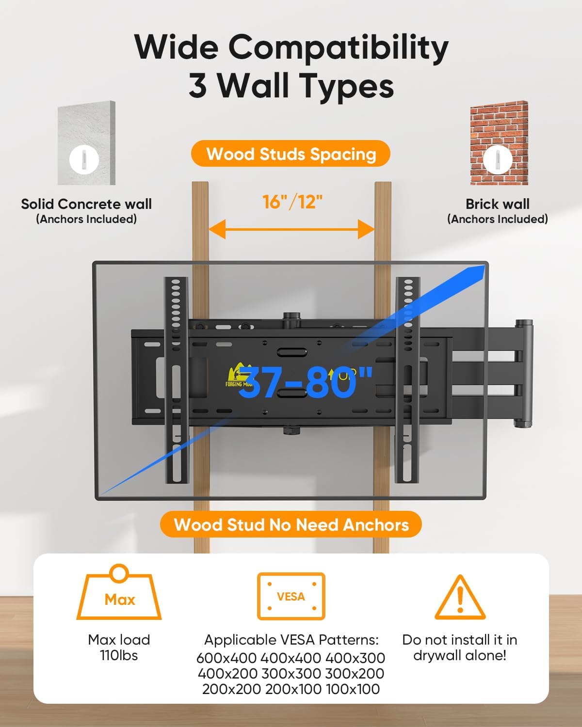 FORGING MOUNT Long Arm TV Wall Mount for 42-80 inch TVs, 43