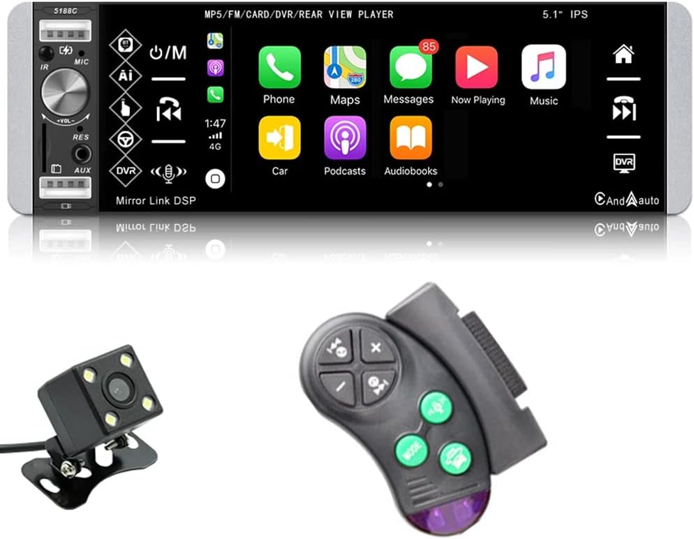 Apple CarPlayer Android Auto 1Din Car Stereo Bluetooth, 5.1 Inch IPS Touchscreen Car Radio with FM Radio Mirror Link USB TF Aux in Head Unit Car MP5 Player + Backup Camera