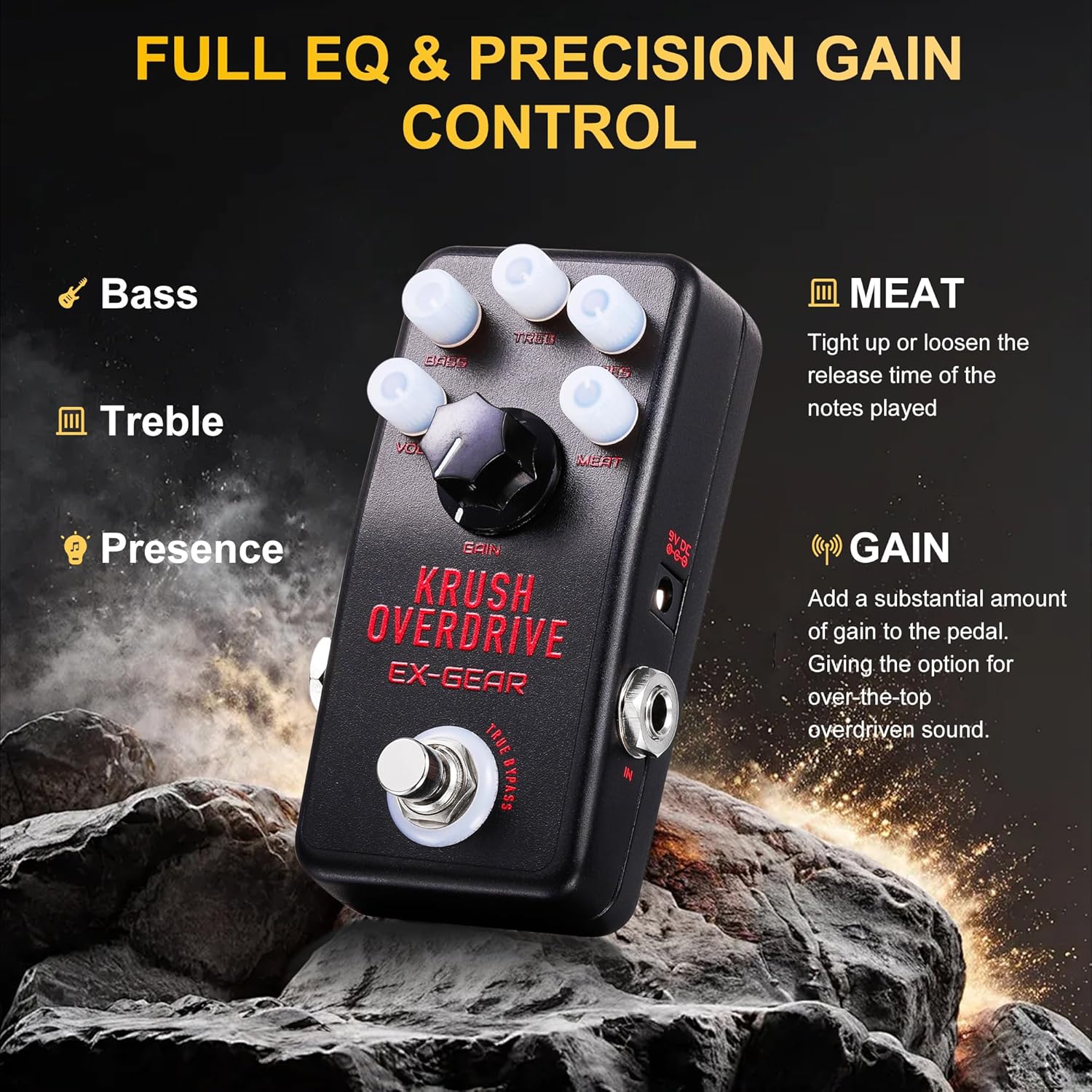 EXGEAR Professional Krush Overdrive Pedal, High-Gain Rock & Metal Guitar Effects Pedal, with Magnetic Base, Illuminated Stage-Ready LED Knobs & Custom Protective Gain Cover
