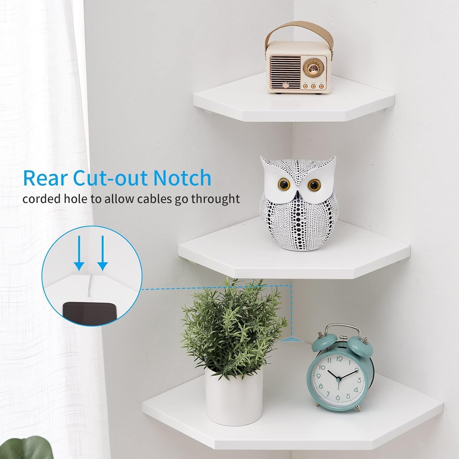 3PCS White Corner Shelves Wall Mount Set Round End Floating Speaker Shelf Display Shelf for Small Plant Photo Frame
