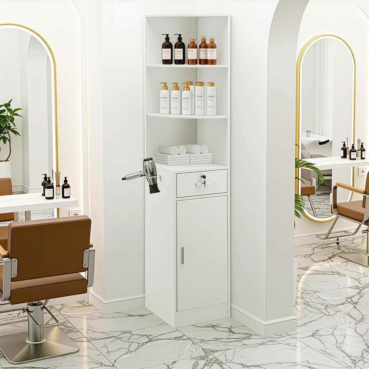 Winado Salon Corner Storage Cabinet, Wall Mount Salon Station with Lockable Drawer, Bottom Cabinet, Open Shelves, Hair Dryer Holder for Home Beauty & Barber Shop Spa Equipement, White