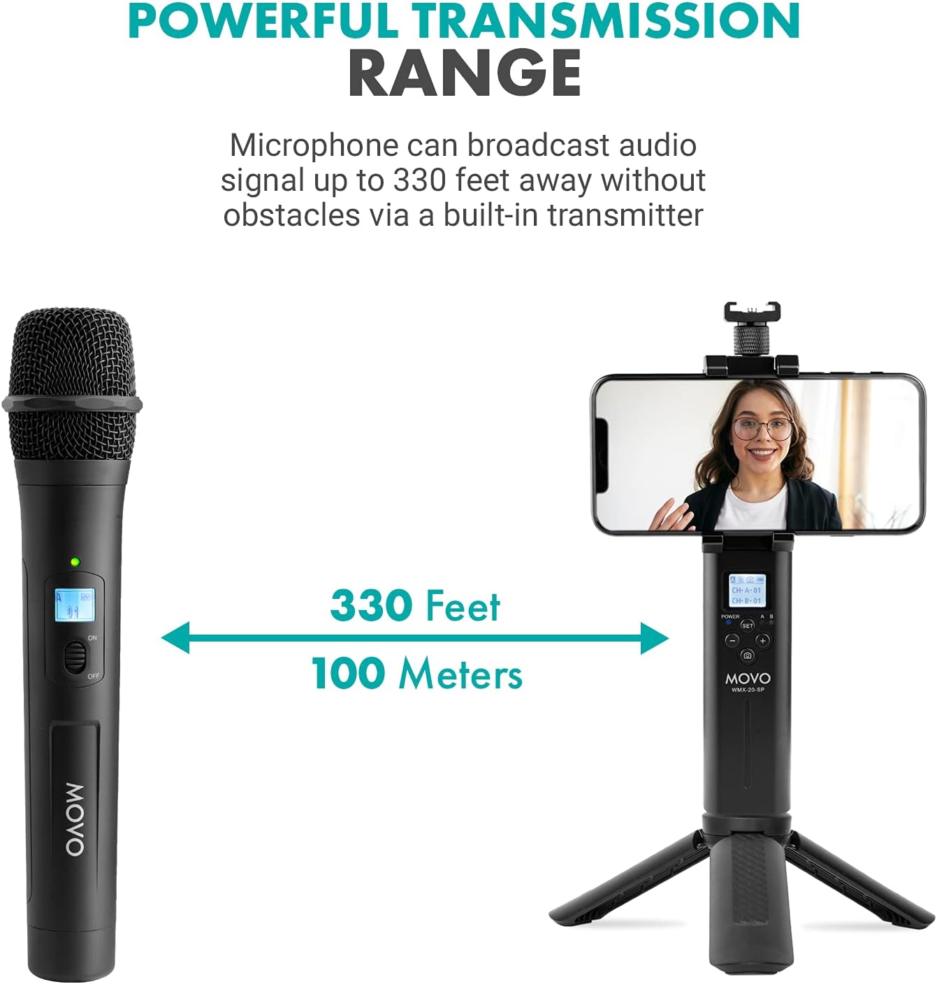 Movo 48-Channel UHF Wireless Microphone System for Interviews - 2X Handheld Wireless Microphones, Smartphone Receiver, and Mini Tripod - Cordless Microphone Set for Interviewer, Vlogger, Reporter