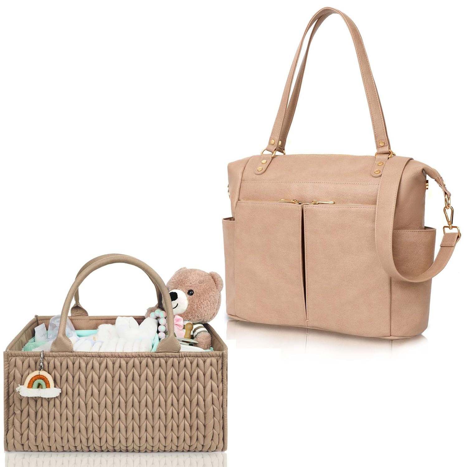 MOMINSIDE Diaper Bag Tote, Baby Diaper Caddy Organizer,Nursery Storage Bin Basket, Leather Diaper Bag Backpack, Convertible Baby Bag for Boys Girls, Baby Registry, Changing Pad