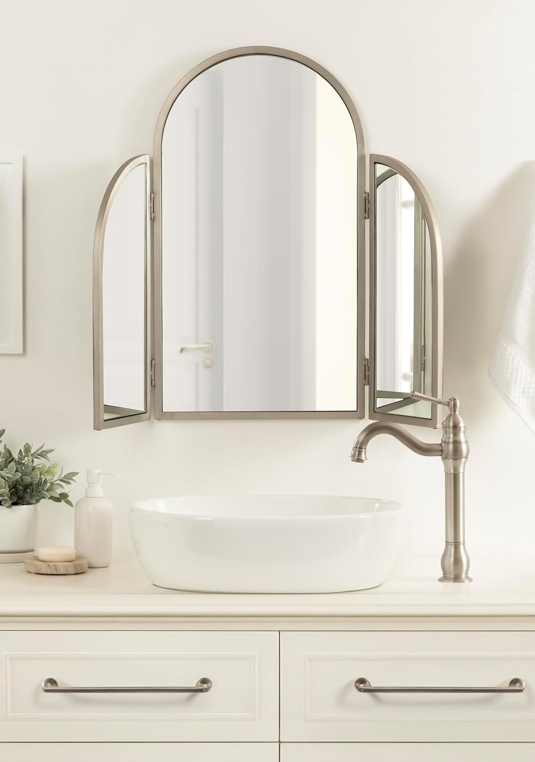 Kate and Laurel Amoli Modern Arched Tri-Fold Mirror, 28 x 28, Silver, Decorative Three-Piece Folding Arch Mirror for Tabletop Makeup Station or Bathroom Vanity Setup