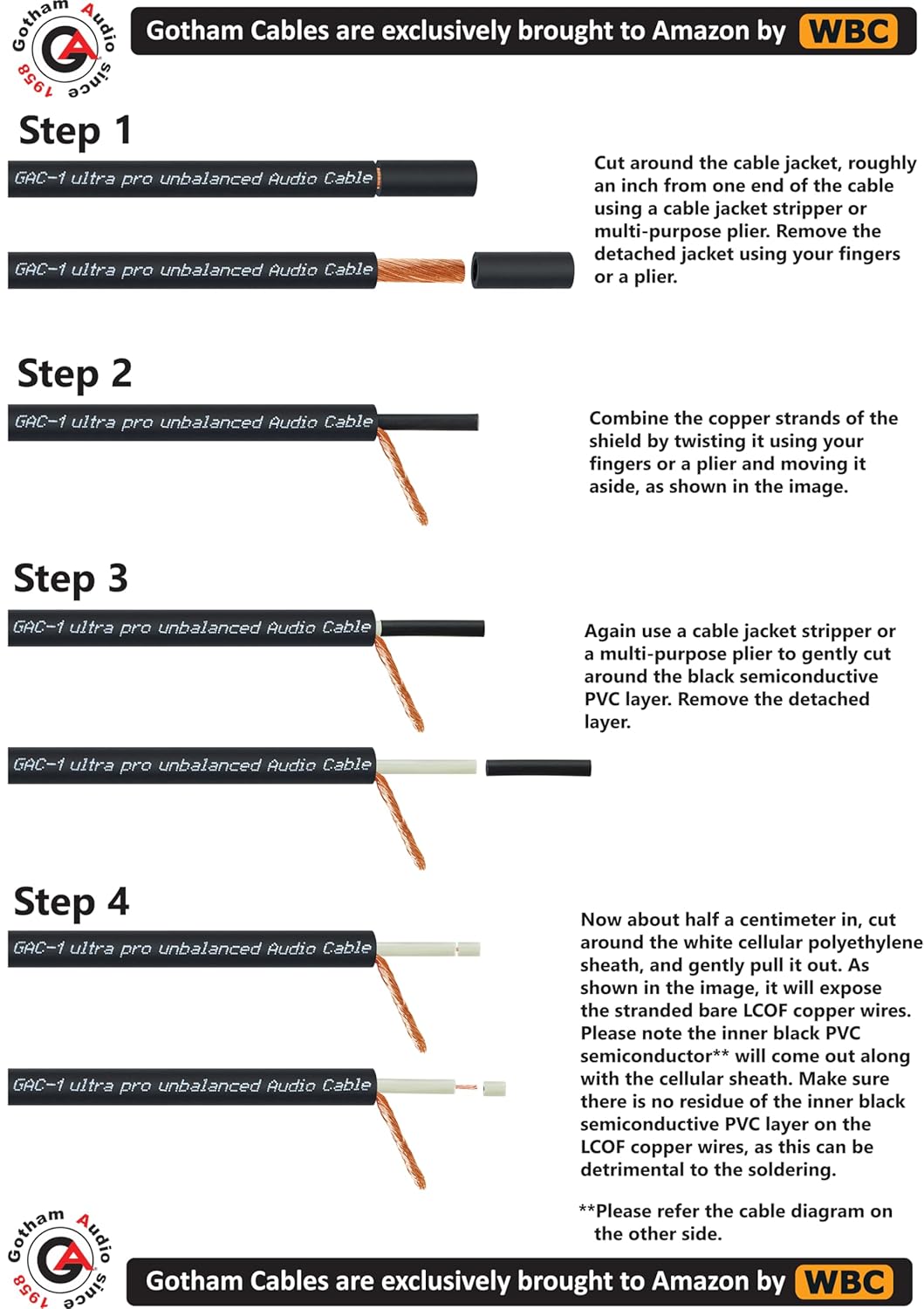 Gotham GAC-1 Ultra Pro (Black) - Premium, Low-Capacitance (21 pf/F) Guitar Bass Instrument Cable – Bulk – Sold in 100 Foot Length
