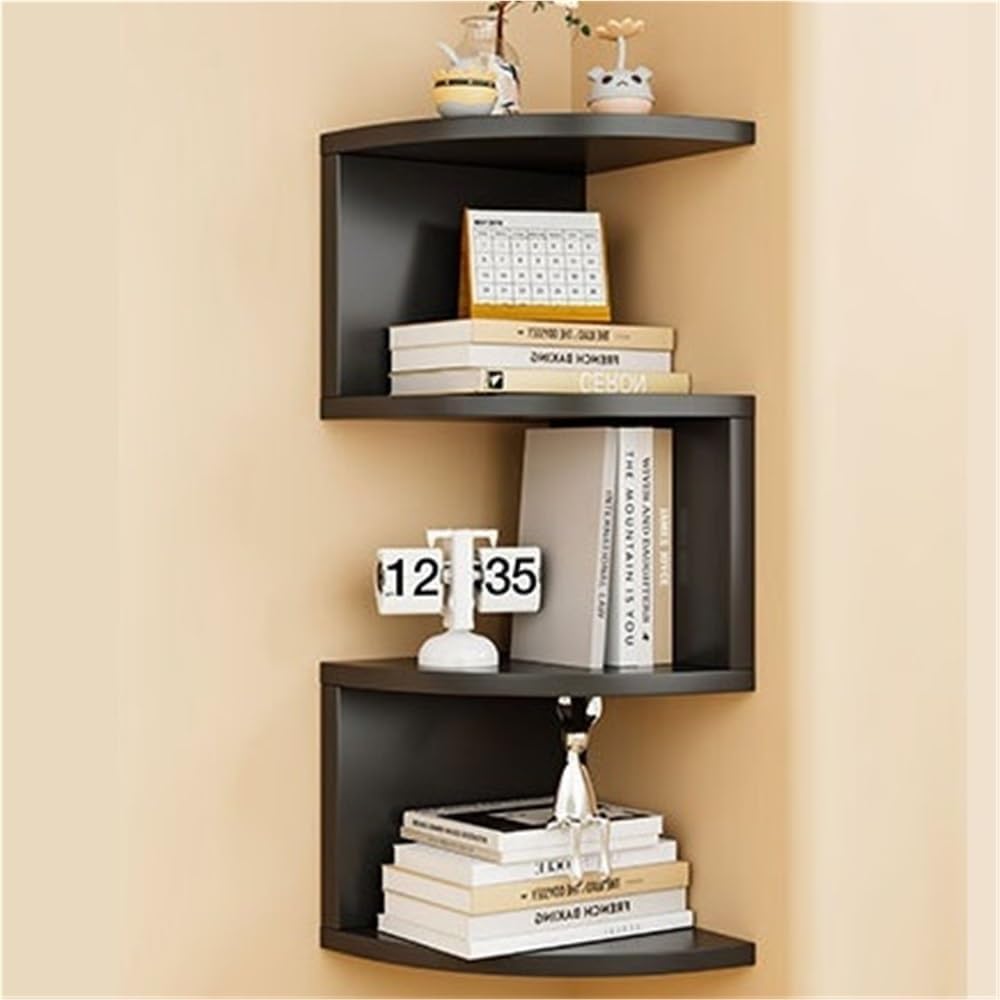 4-Tier, 5-Tier and 7-Tier Corner Floating Wall Mount Display Shelving Unit, Floating Shelves with Rounded Edge, Wall Mounted Shelf for Living Room(Black,Small)