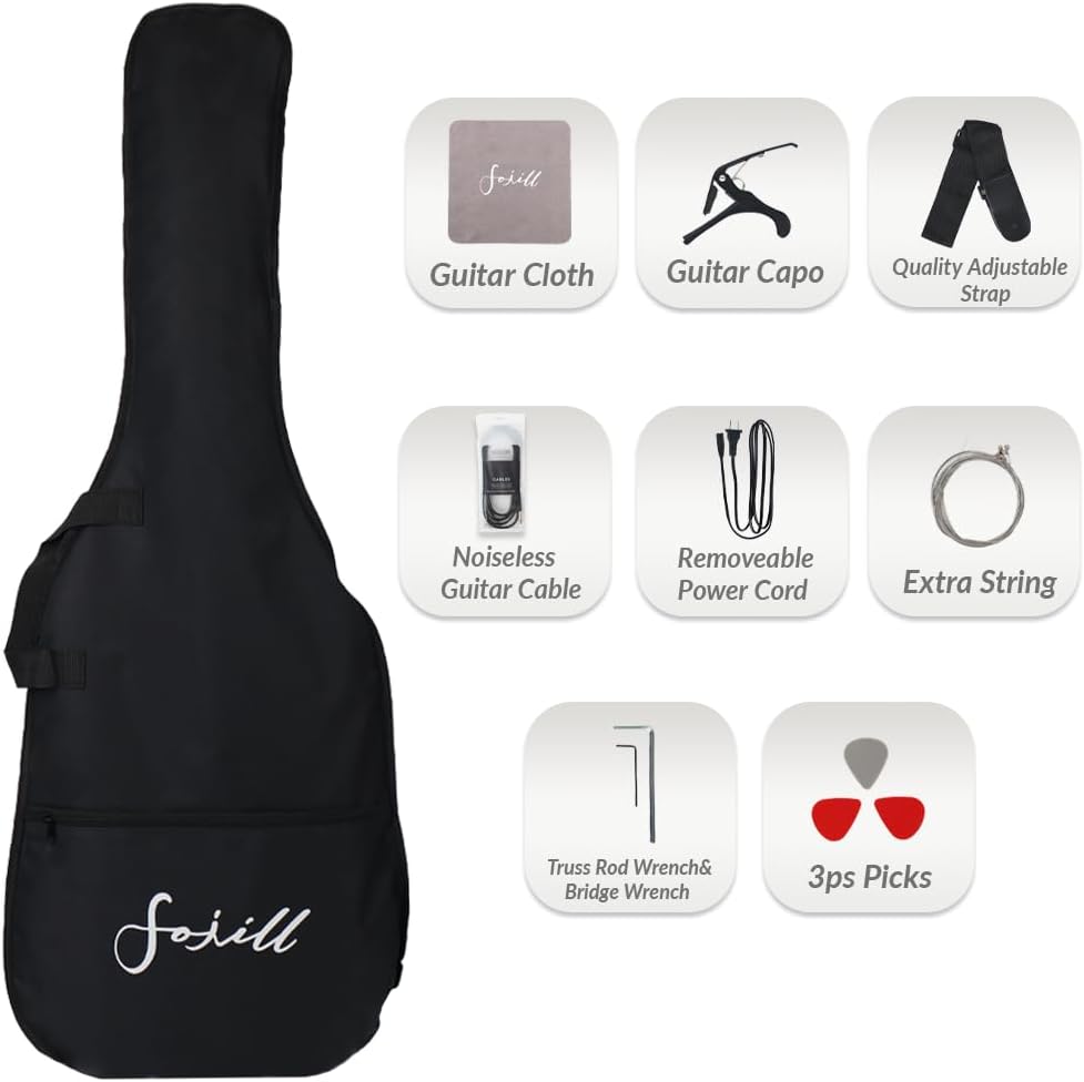 Fojill Full Size 4 Four String Electric Bass Guitar 20W Amplifier Amp Right Hand Beginner Starter Kit Set Combo Bundle Accessory Gig Bag,Strap,Picks,Capo,Noiselss Cable,Strings (Black)