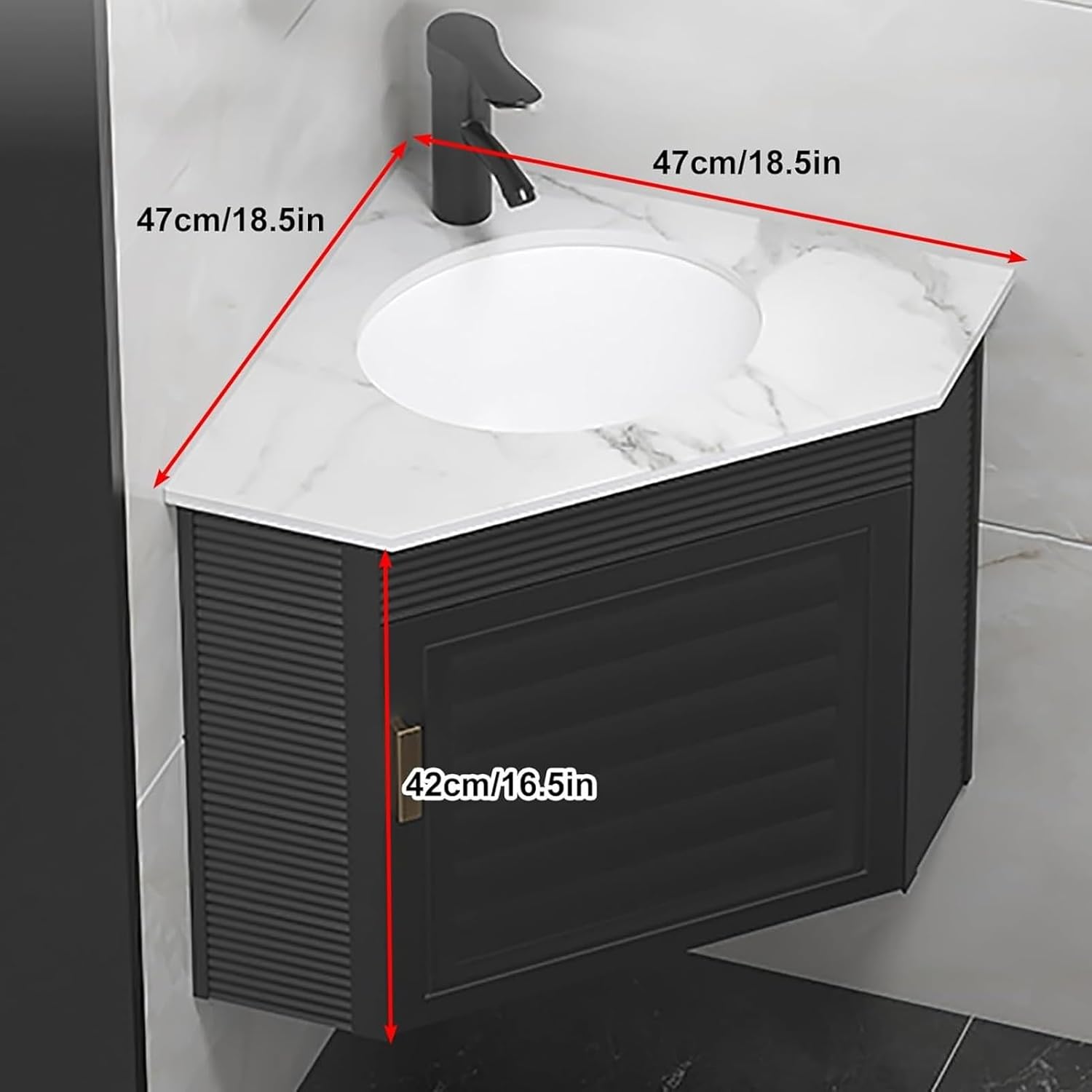 Corner Bathroom Sink, Corner Wall Mount Bathroom Sink, Ceramic Corner Sink with Storage Container, Corner Bathroom Vanity, Bathroom Vanity Cabinet, for Small Space(White,47cm/18.5in)