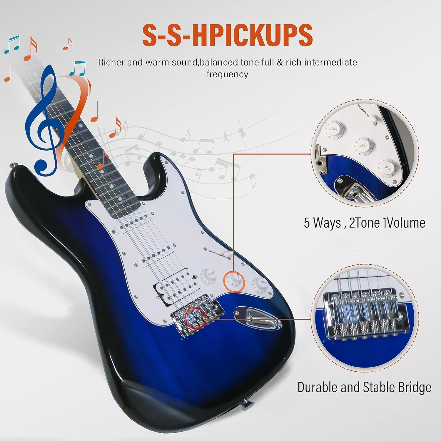 Ermik Soild Body Electric Guitar Kit with Amp 20W, Strings, Strap, Digital Tuner, Picks, Gig Bag, Cable, Tremolo Bar, 39