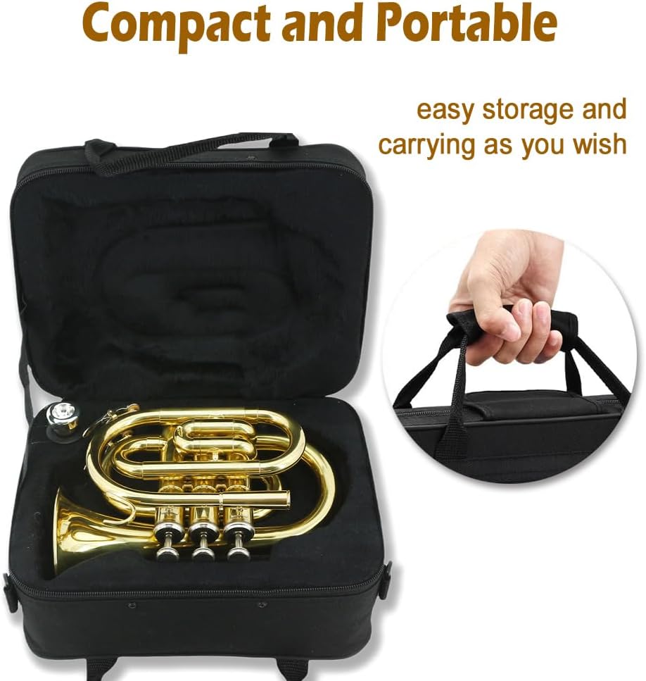 Yinfente Bb Flat Pocket Trumpet Bass Trumpet For Beginner,Student With Cleaning cloth, Silver plated 7C mouthpiece,hard case White gloves (Gold)