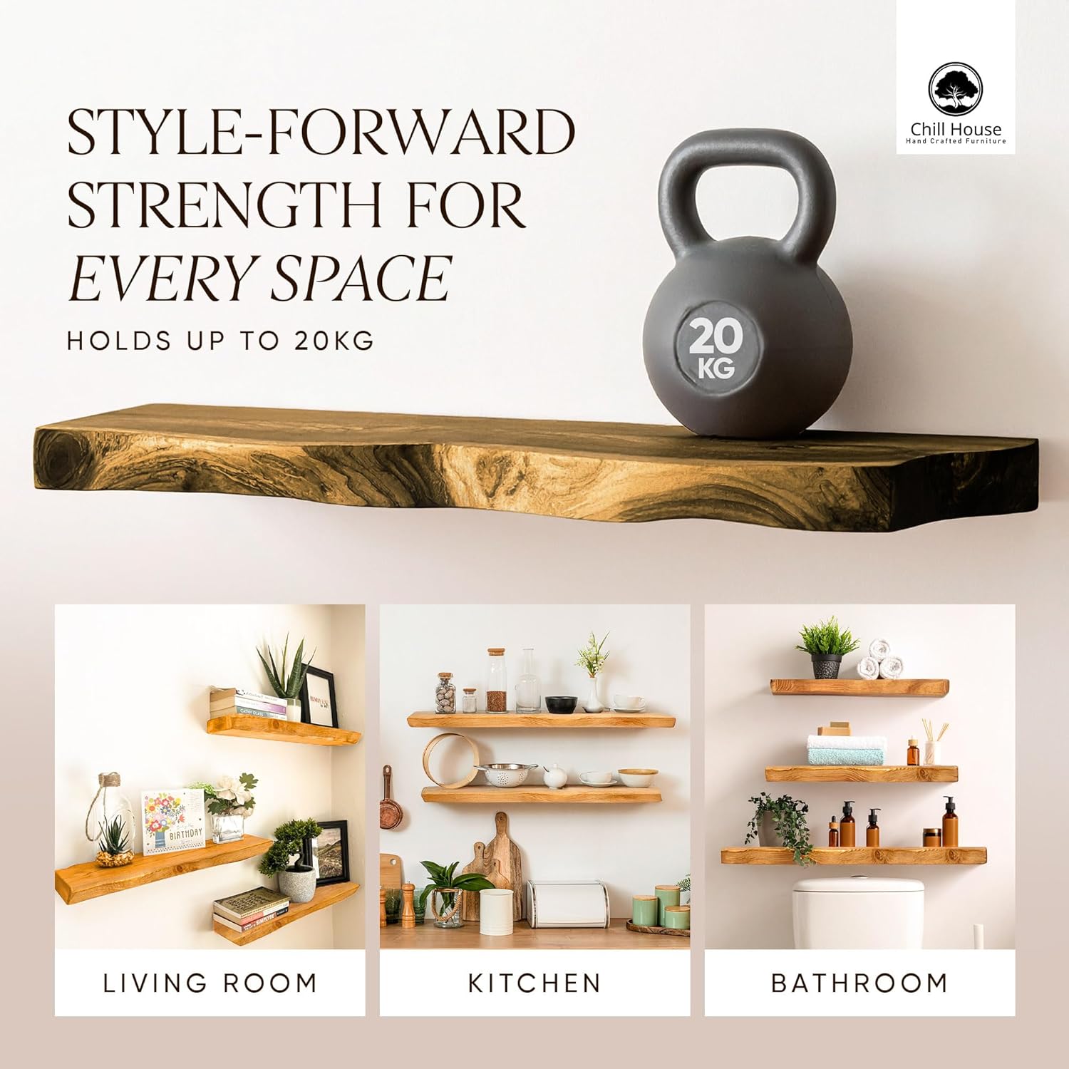 Live Edge Chunky Rustic Floating Shelf 6x2, Tudor Oak, 16in