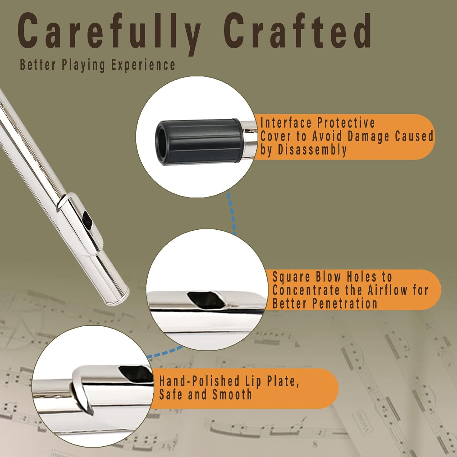 Closed Hole C Flute 16 Keys Nickel-Plated Flutes For Beginners Student Flute Instrument With Case Stand Cleaning Cloth Gloves Tuning Rod (Silver)