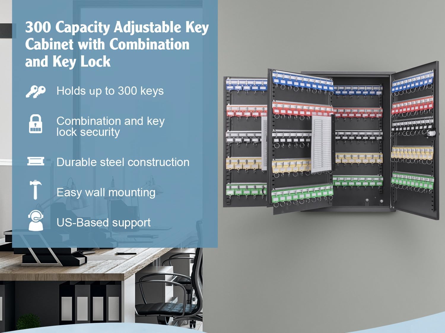 Barska 300 Position Key Lock Box – Wall Mount Key Cabinet with Numbered Hooks, Key Log Sheet, Colored Key Tags, Labeled Shelves, Solid Steel Construction – Secure Key Organizer