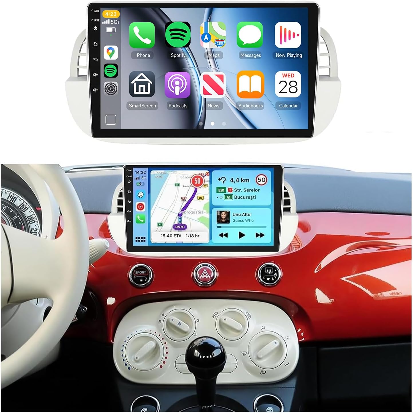 5/6GhzWiFi 8Core 4G+64G Radio for Fiat 500 2007-2015,Snapdragon Chip 5.1Bluetooth Car Stereo,Wireless Carplay/Android Auto,DSP Hi-Res, 9inch IPS Touch Screen,Backup Camera,GPS,FM/RDS,White