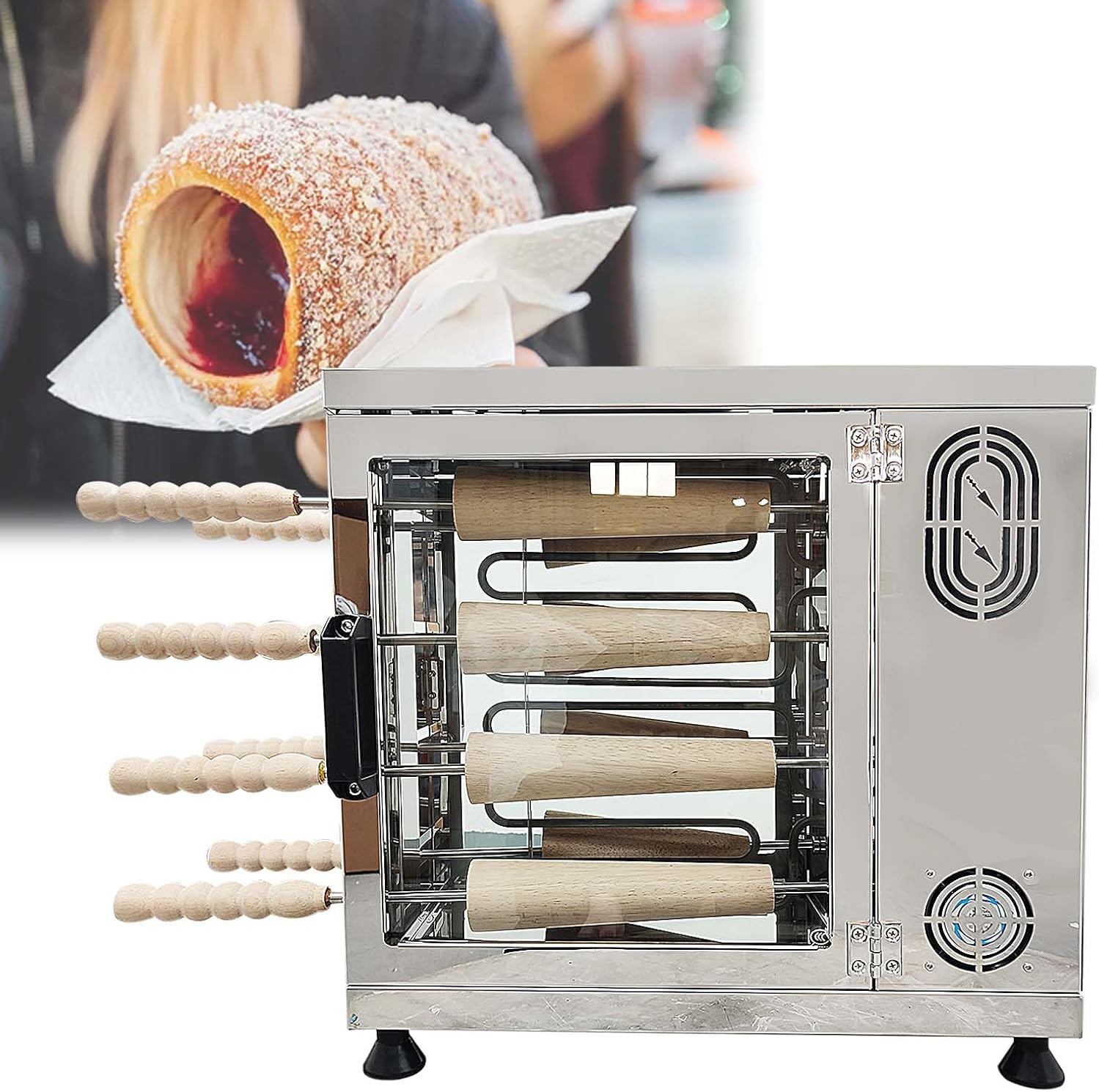 110V 3200W Electric Ice Cream Cone Maker, 60-80 pcs/h Production, Stainless Steel Chimney Cake Machine, 8-Station Baking Oven with 16pcs Roller for Chimney Cake and Bread Rolls