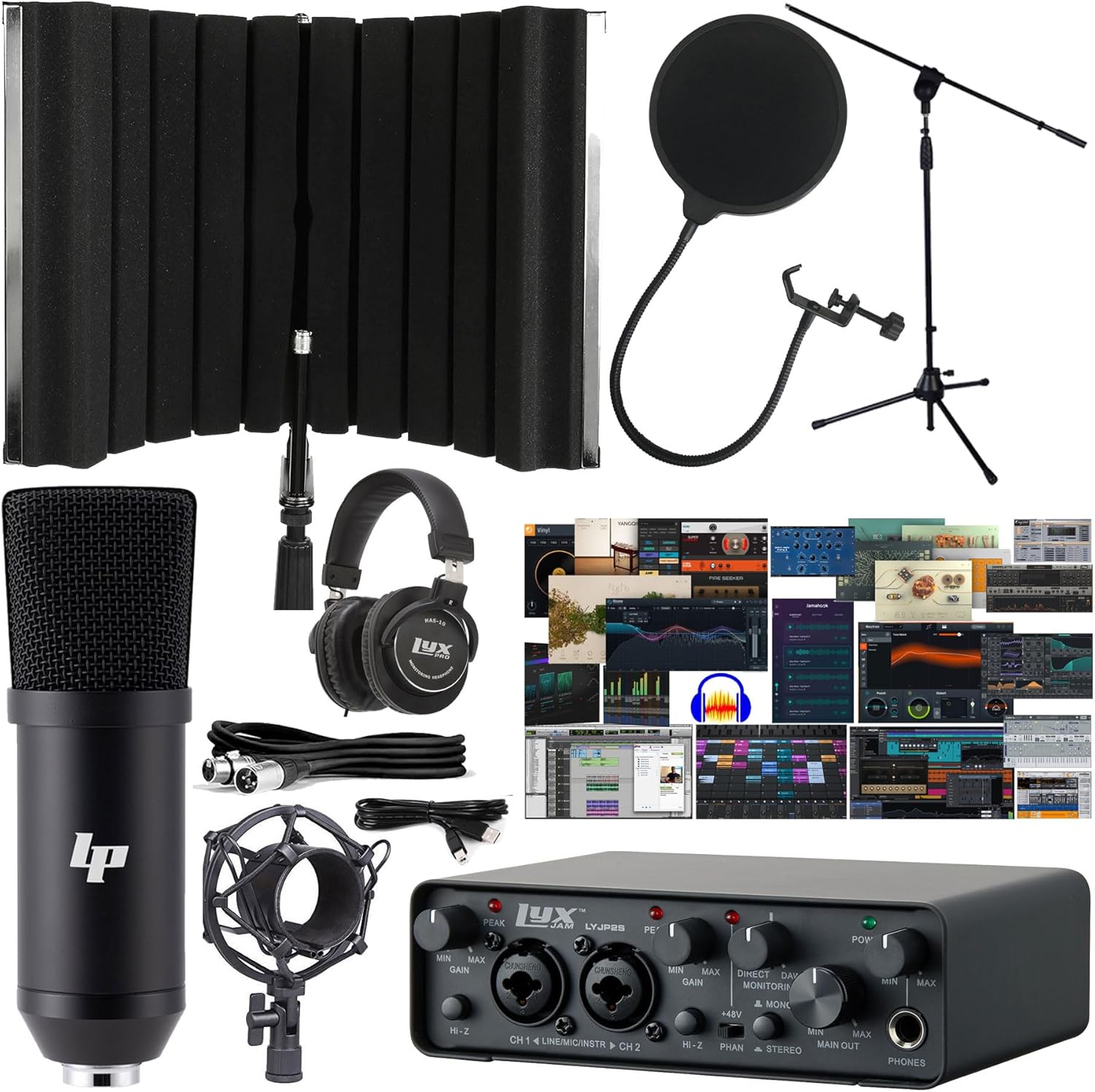 2×2 USB Audio Interface Recording Bundle w/Cardioid Condenser Mic, Isolation Shield Booth, Pop Filter, Shockmount, Stand, XLR & TRS Cables, Studio Headphones & Waveform OEM Creative Software