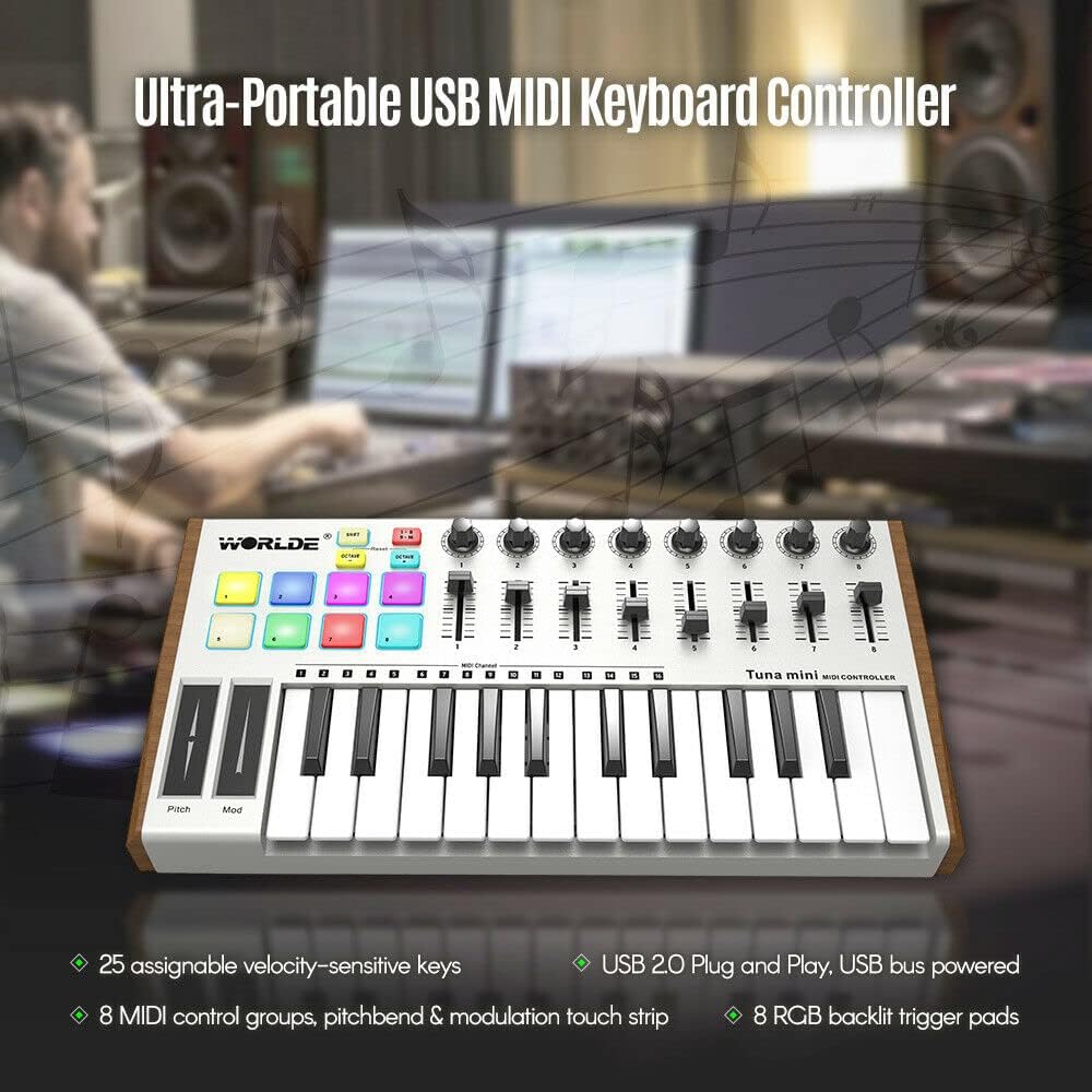25 Key MIDI Keyboard Pad Controller, USB 2.0 Plug and Play, Win10/8/7/XP, OSX, , Compact and Portable