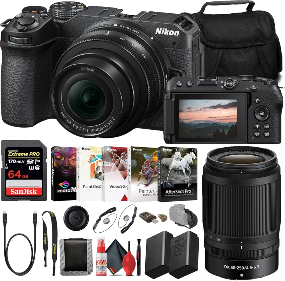 Nikon Z30 Mirrorless Digital Camera with 16-50mm and 50-250mm Lenses (1743) INTL Model with 64GB Extreme PRO Card + EN-EL25 Extra Battery + Photo Editing Software + Camera Bag + Cleaning Kit (Renewed)