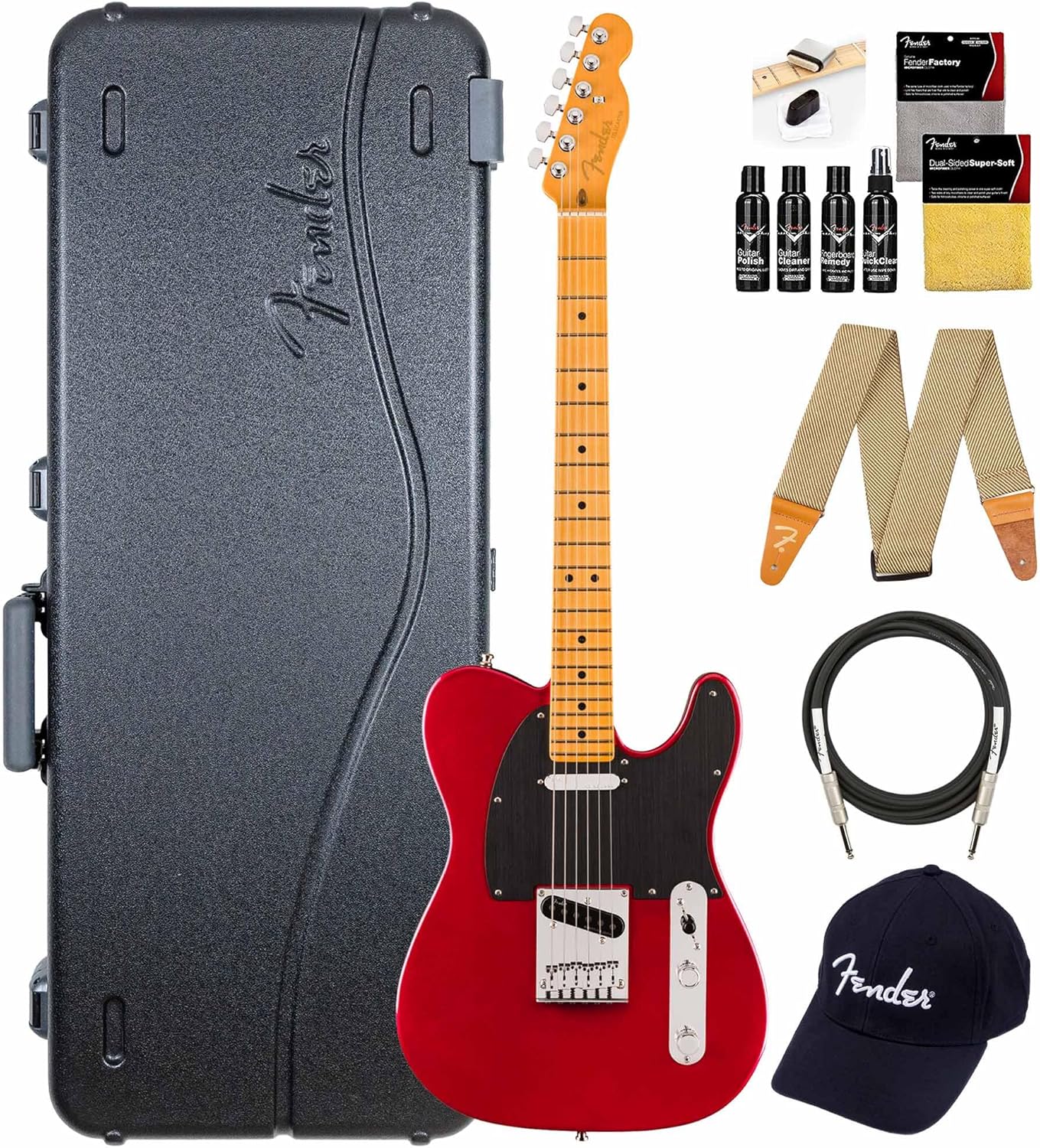 Fender American Ultra II Telecaster - Sinister Red Bundle with Case, Strap, Cable, Hat, and Guitar Cleaning Kit