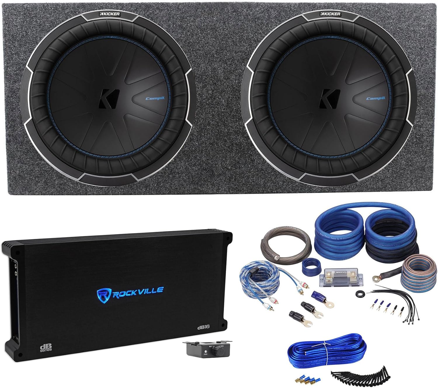 Audiosavings Bundle: (2) Kicker Car Stereo Subwoofer Bundle with Rockville Mono Amplifier & Amp Wire Kit & Enclosure Sub Box & Enclosure Installation Kit (6 Items)