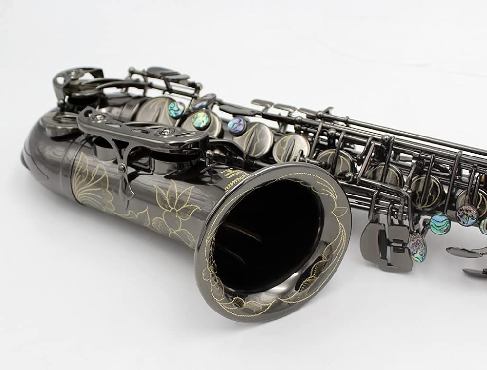 Pro use shiny black nickel plated alto saxophone with rich flower engravings