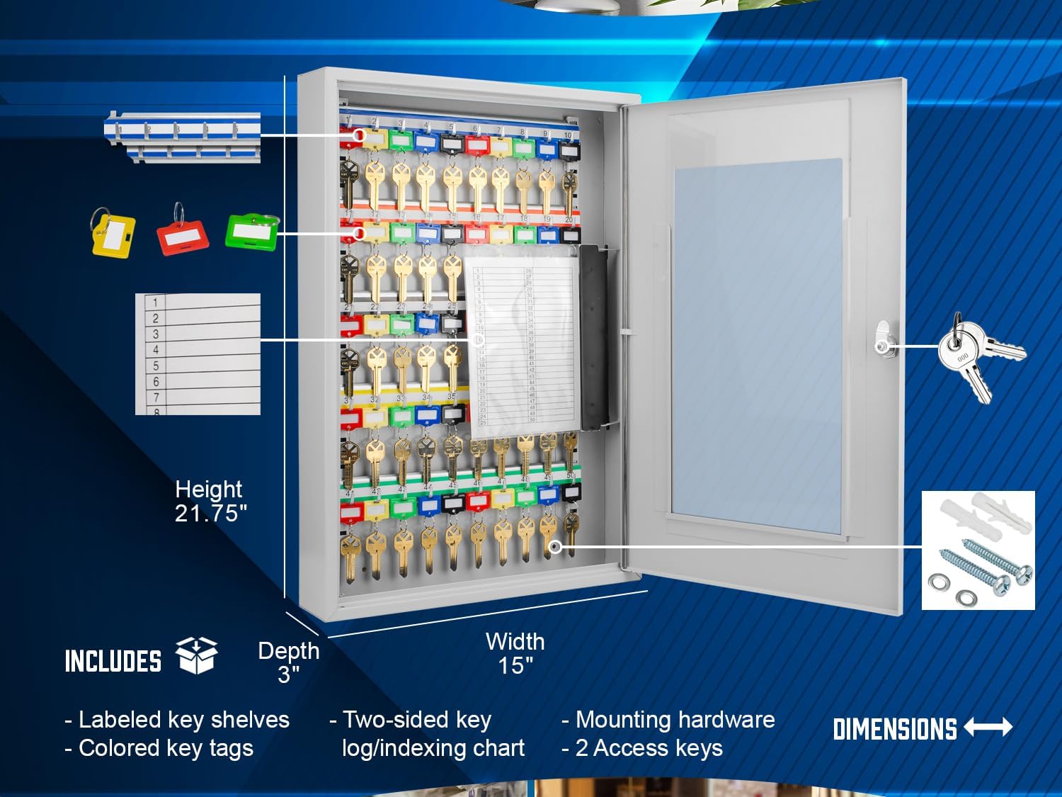 Barska Key Lock Box with Glass Door – Wall Mount Steel Key Cabinet Organizer with Labeled Hooks and Colored Key Tags for Home, Office, Property Management