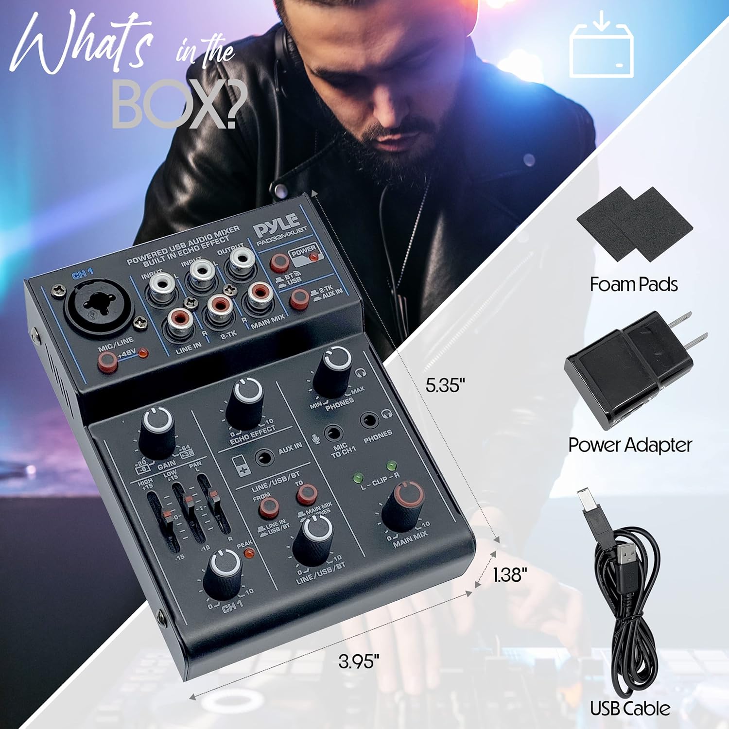 Pyle Professional Wireless DJ Audio Mixer- 3-Channel Bluetooth DJ Controller Sound Mixer w/USB Audio Interface, Combo Jack XLR+6.35mm Mic/Line/Guitar In, 3.5mm, RCA, AUX, Headphone Jack- PAD33MXUBT.5