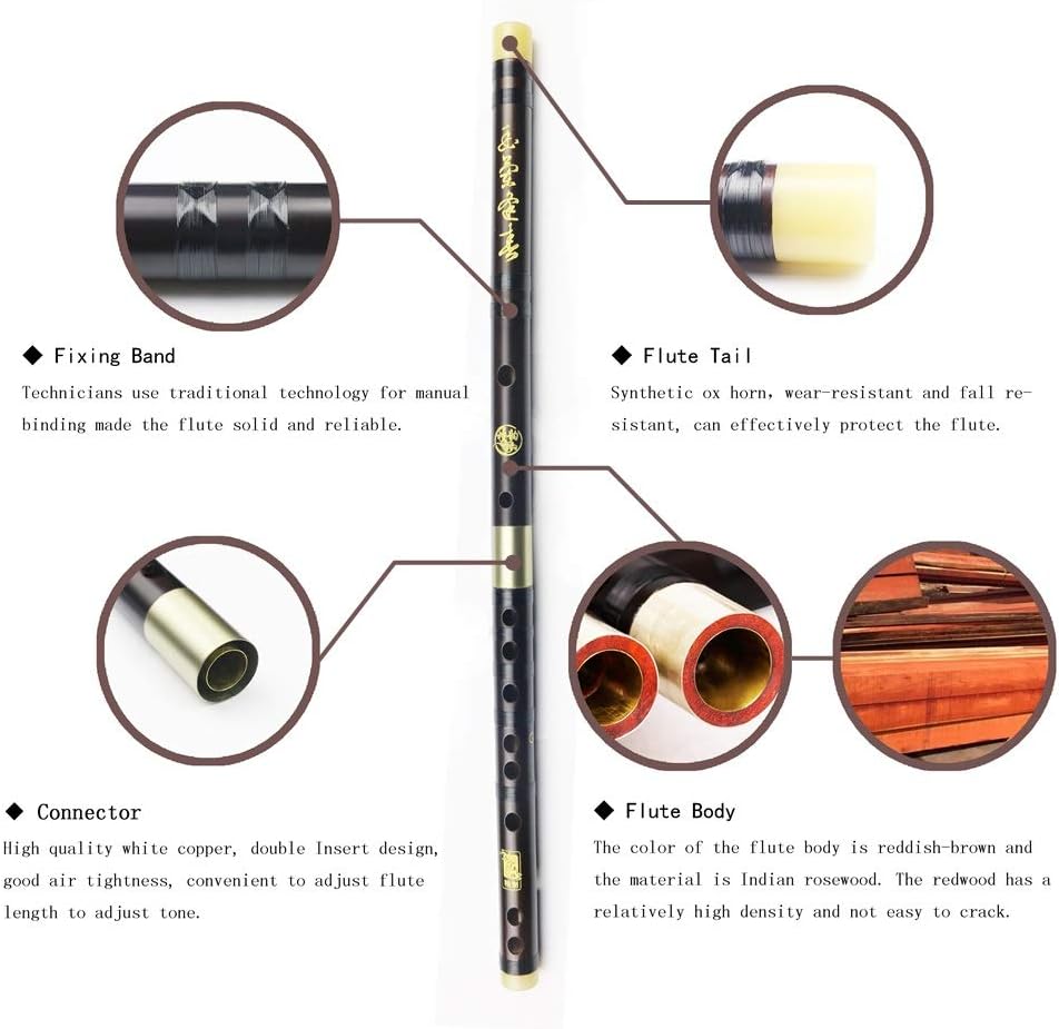 D Key Dizi Professional Rosewood Flute with Free Membrane & Glue & Protector Set Traditional Chinese Instrument (Key of D/Professional Rosewood)