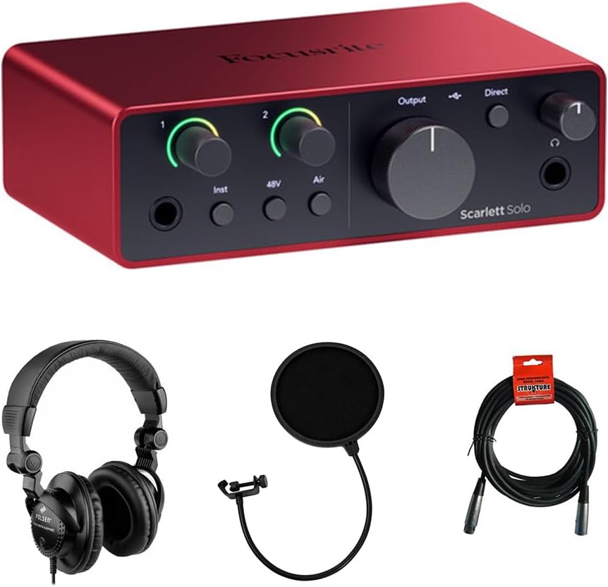 Focusrite Scarlett Solo USB-C Audio Interface (4th Gen) Bundle with Polsen HPC-A30 Studio Monitor Headphones, Pop Filter and XLR- XLR Cable