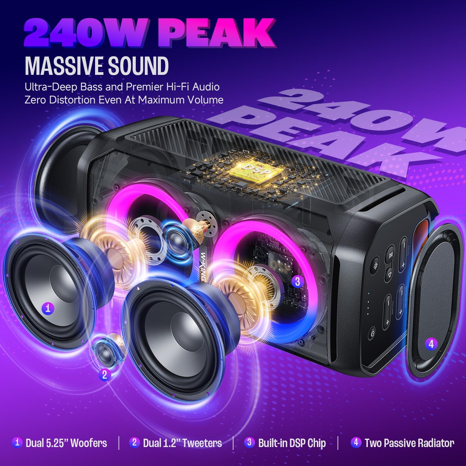 W-KING Portable Bluetooth Speaker 240W, Loud Boom Box with Deep Bass Subwoofers, IPX6 Waterproof Party Outdoor Speaker, Speakers Bluetooth Wireless, RGB Lights, 24H, Mic&Guitar Input, Echo, EQ, AUX
