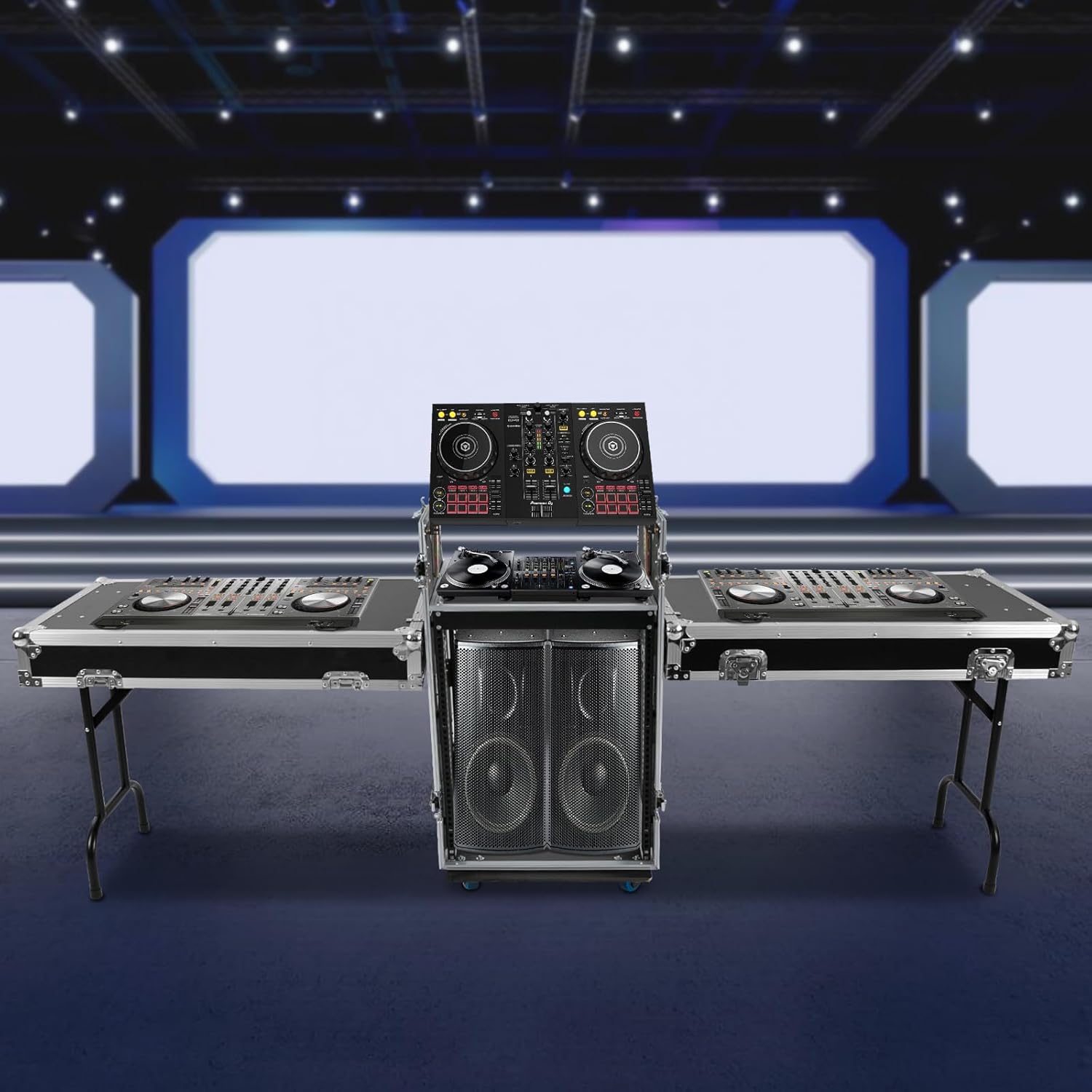 DYNAMI 14U PA DJ Rack w/Wheels,2 Tier Heavy Duty Road ATA Case with 2 Work Tables,DJ Mixer Stand Audio Rack,for Music Studio Booth Pro Audio Recording Cabinet Stage Equipment (14U+Dual Work Table)