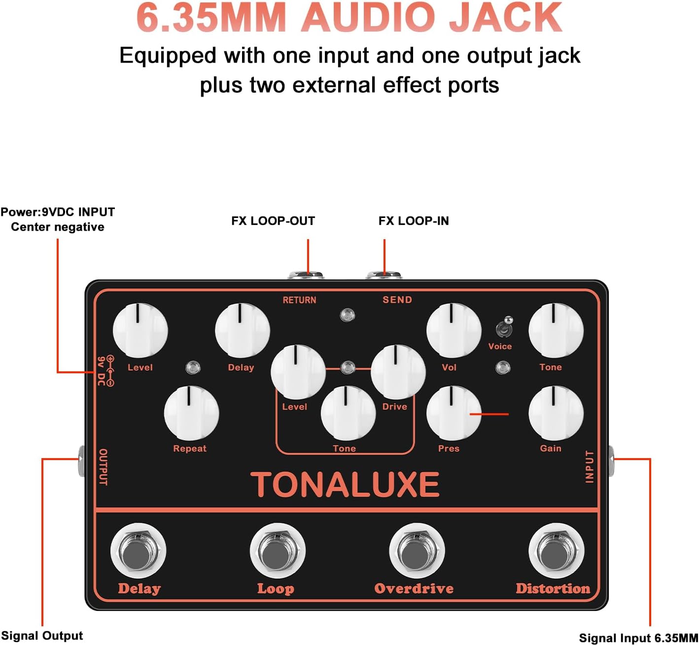 4-in-1 Music Synthesizer Guitar Effects Pedal – Distortion, Overdrive, Loop & Delay Multi-Effects Analogue for Electric Guitar, DC 9V