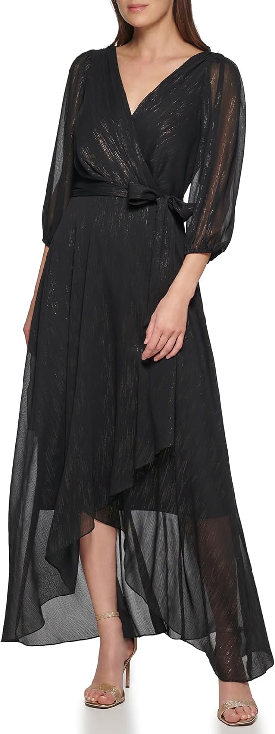 DKNY Womens Half Balloon Sleeve Faux Wrap Midi Dress