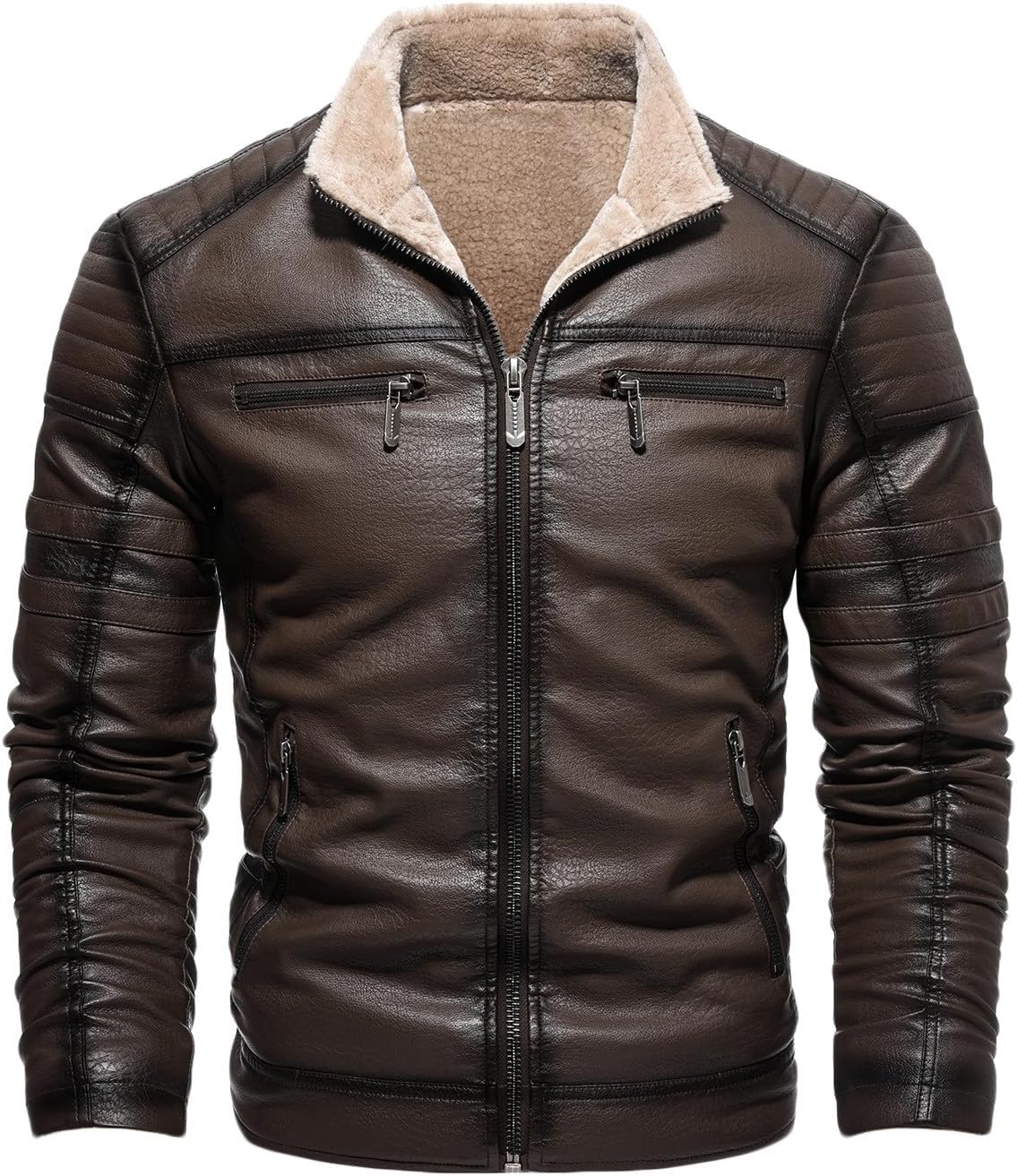 Zeiyignr Men's Winter Fleece Trucker Coats Sherpa Lined Faux Leather Jacket Slim Fit Leather Bomber Jackets Warm Coat Outwear