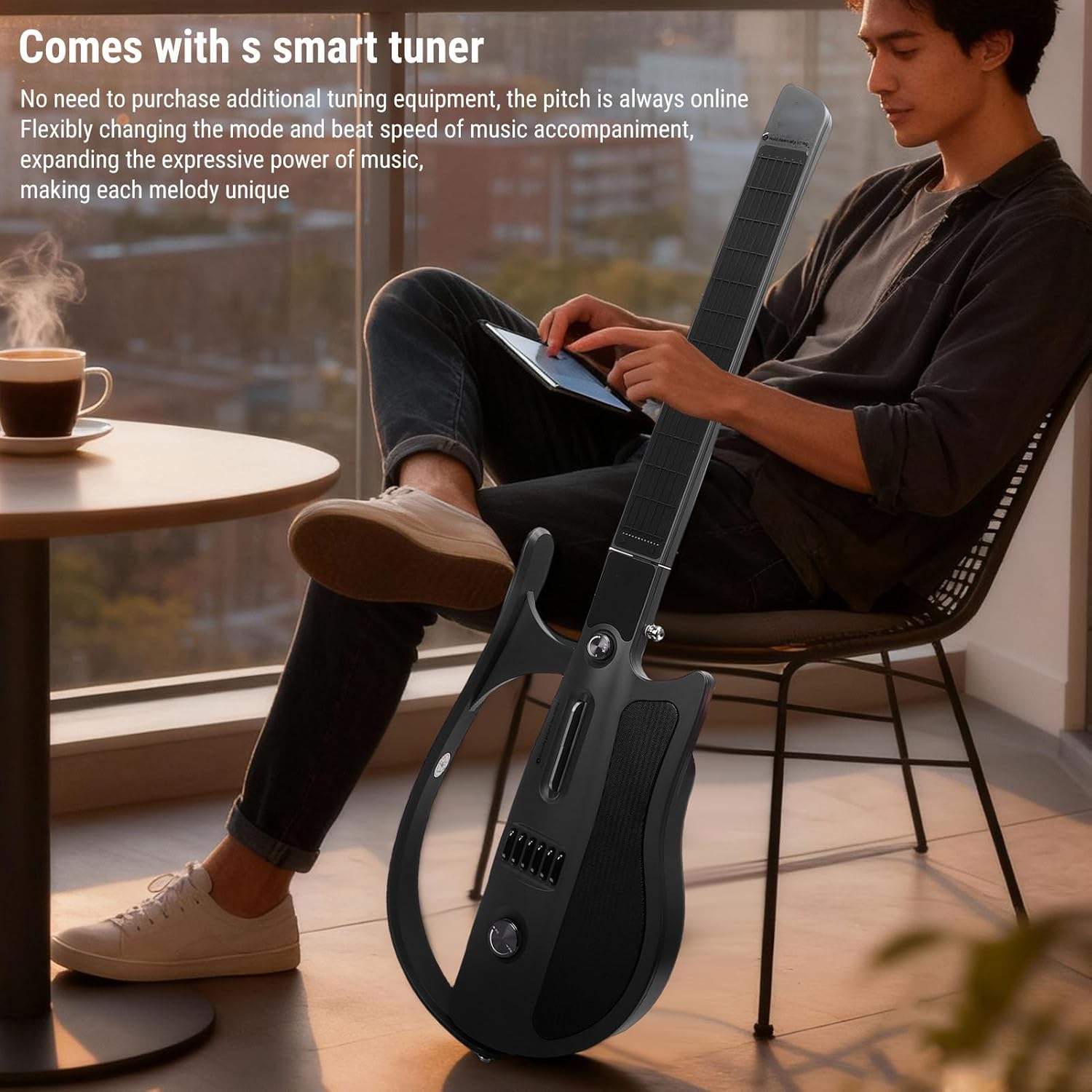SUNGOOYUE Smart Guitar, Portable Folding Electric Automatic Stringless Guitar with Smart Tuner and APP Connectivity for Beginners, Black