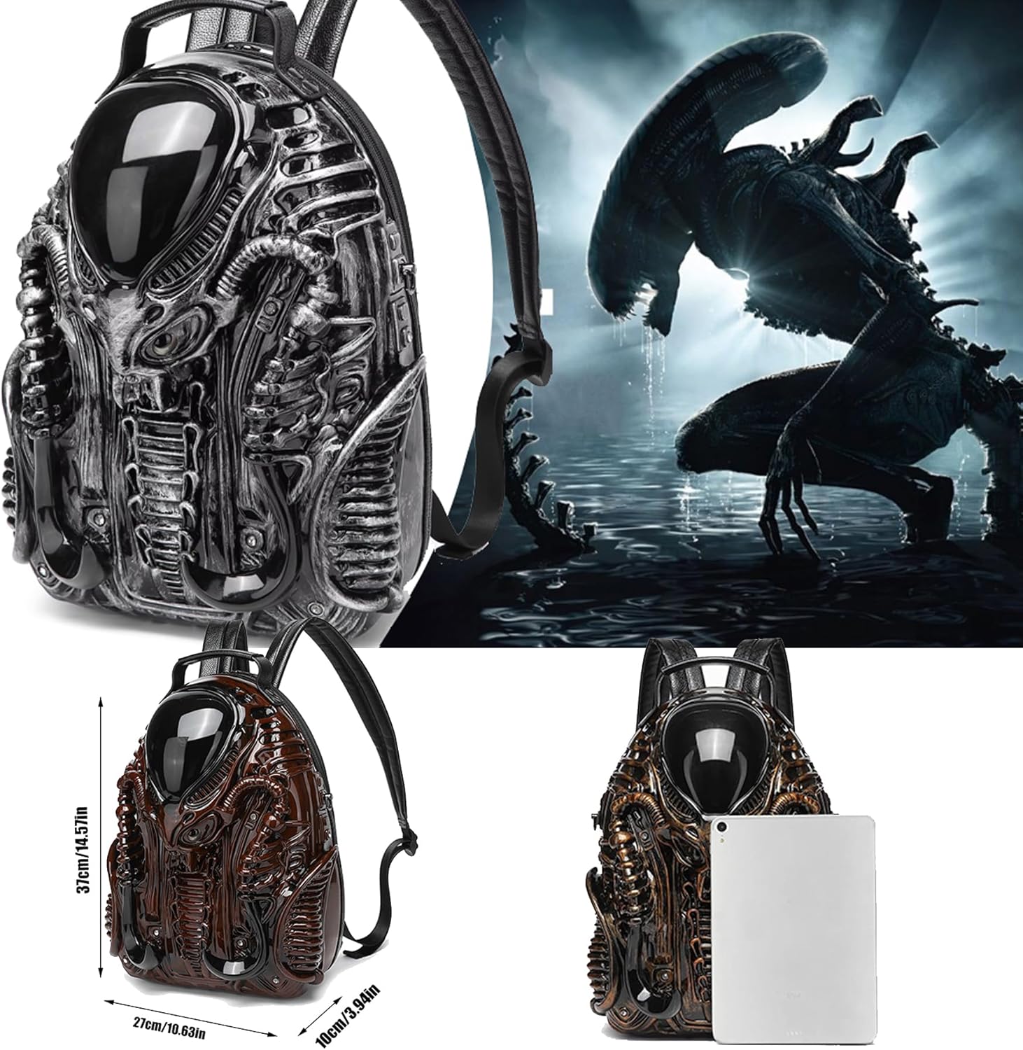 3D Xenomorph Shaped Backpack Steam Punk for Men Women Y2K Personality Travel Handbag PVC Unique Novelty Alien Purse (silver)