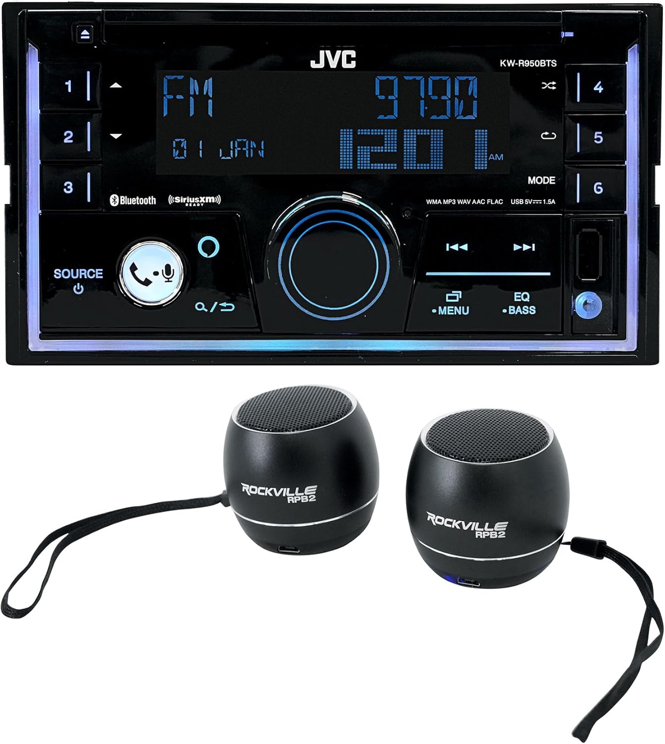 Audiosavings Bundle: (1) JVC KW-R950BTS 2-Din Car Stereo CD Receiver Bundle with (2) Rockville RPB3-BLACK Handheld Wireless Linking Portable Bluetooth Speakers (3 Items)