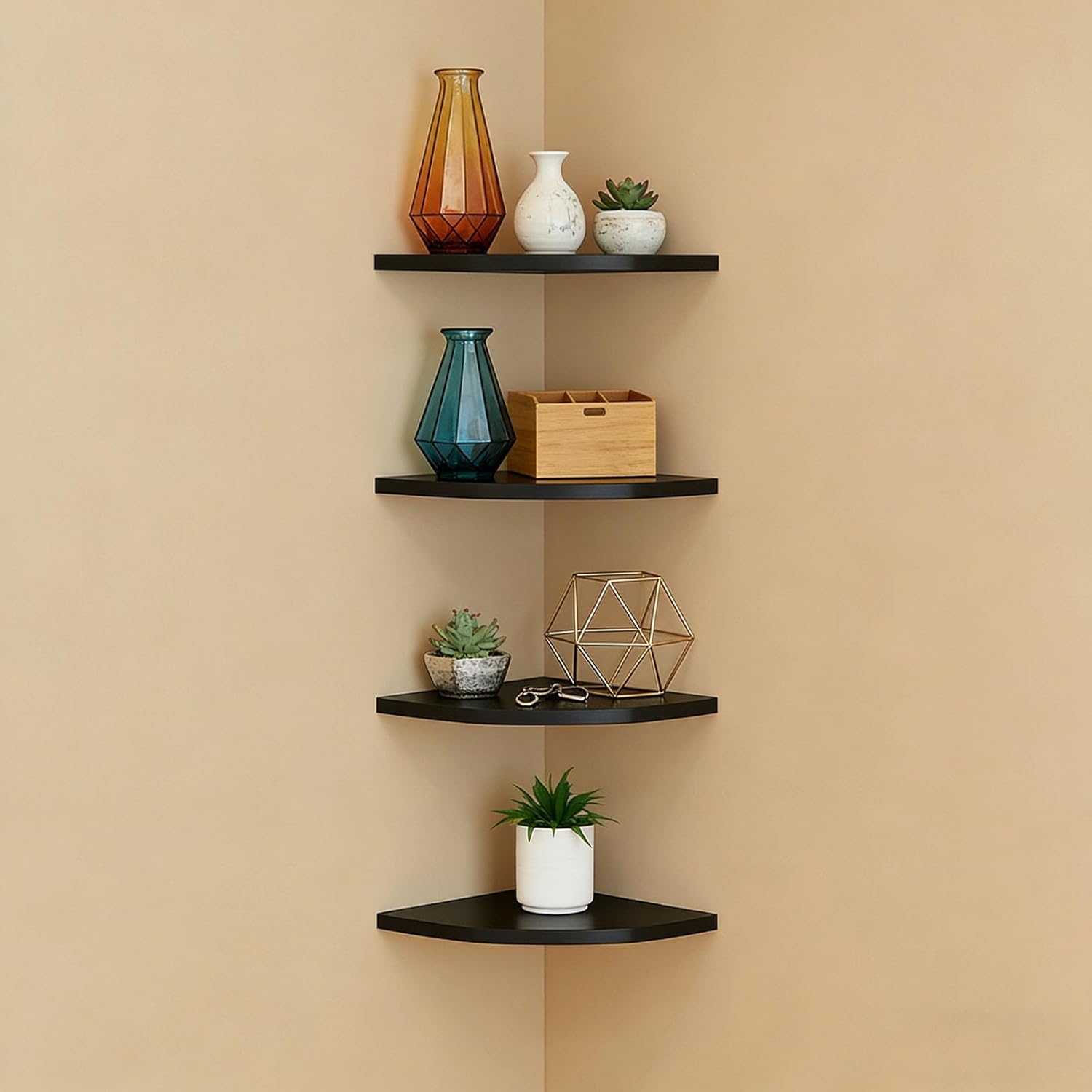 Set of 4 Floating Corner Shelves-Round End,Wall Mounted Shelves for Bathroom,Bedroom Kitchen-Versatile for Room Decor and Display(Black,22cm)