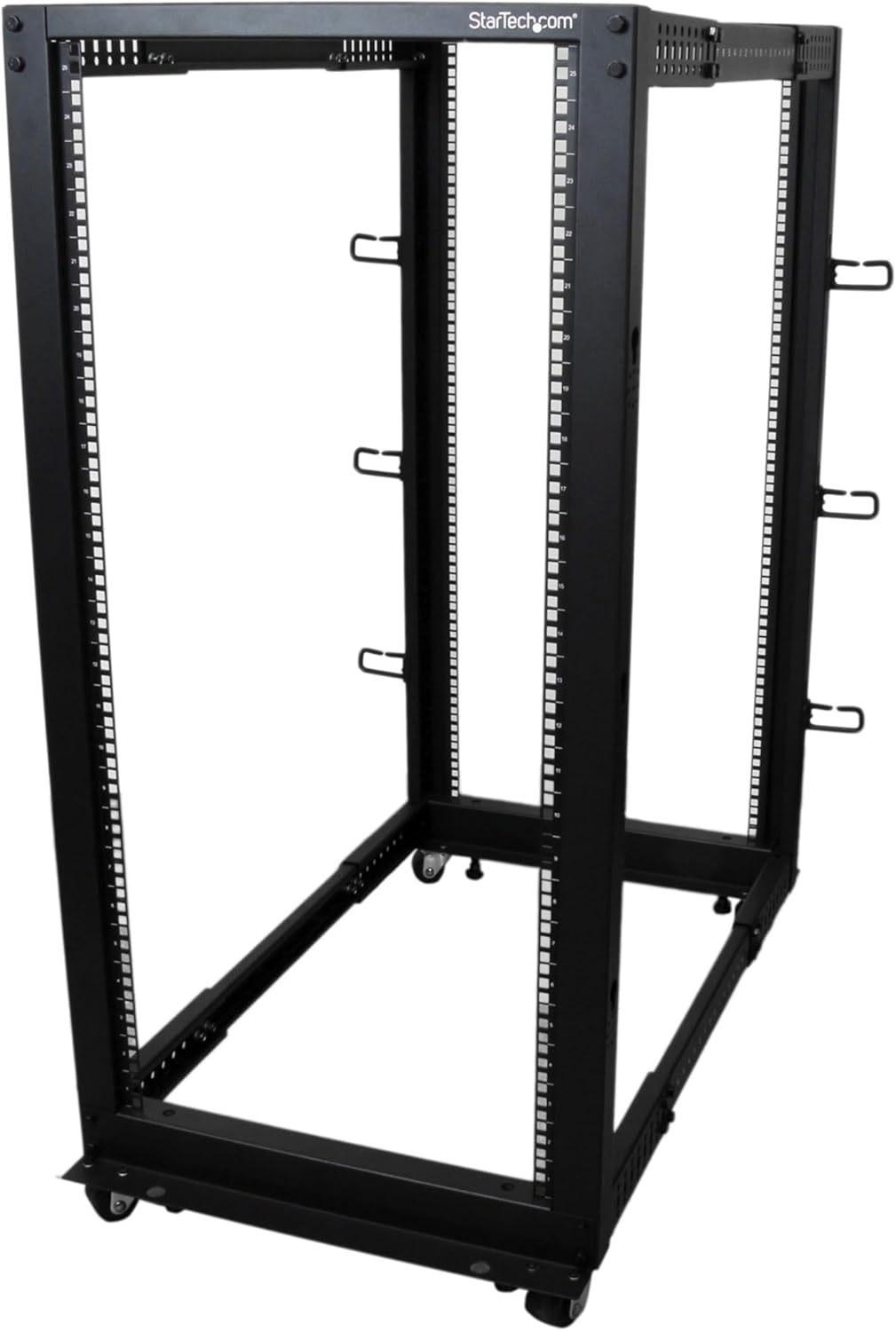 StarTech.com 4-Post 25U Mobile Open Frame Server Rack, 19in Network Rack with Wheels, Rolling Rack for Computer/AV/Data/IT Equipment - Casters, Leveling Feet or Floor Mounting (4POSTRACK25U)
