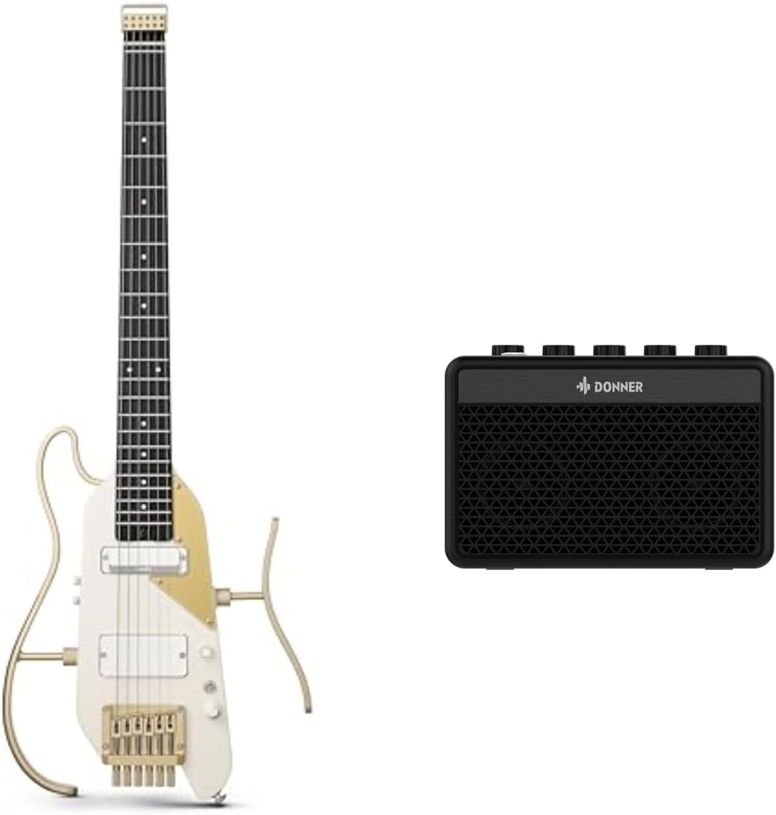 Donner HUSH X PRO Electric Guitar Kit - Smart Travel Guitar with Dozens of Preset Combinations, 7 Tone Sim Options, White-Luxe and Donner Mini Guitar Amp Small Electric Amplifier 5W