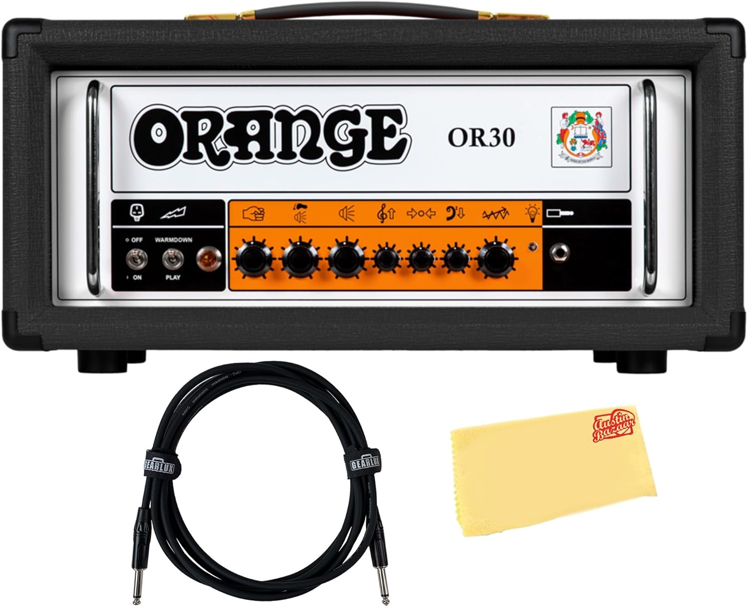 Orange OR30 30-Watt Single Channel Tube Amplifier Head with Footswitchable Volume Boost - Black Bundle with Guitar Cable and Austin Bazaar Polishing Cloth