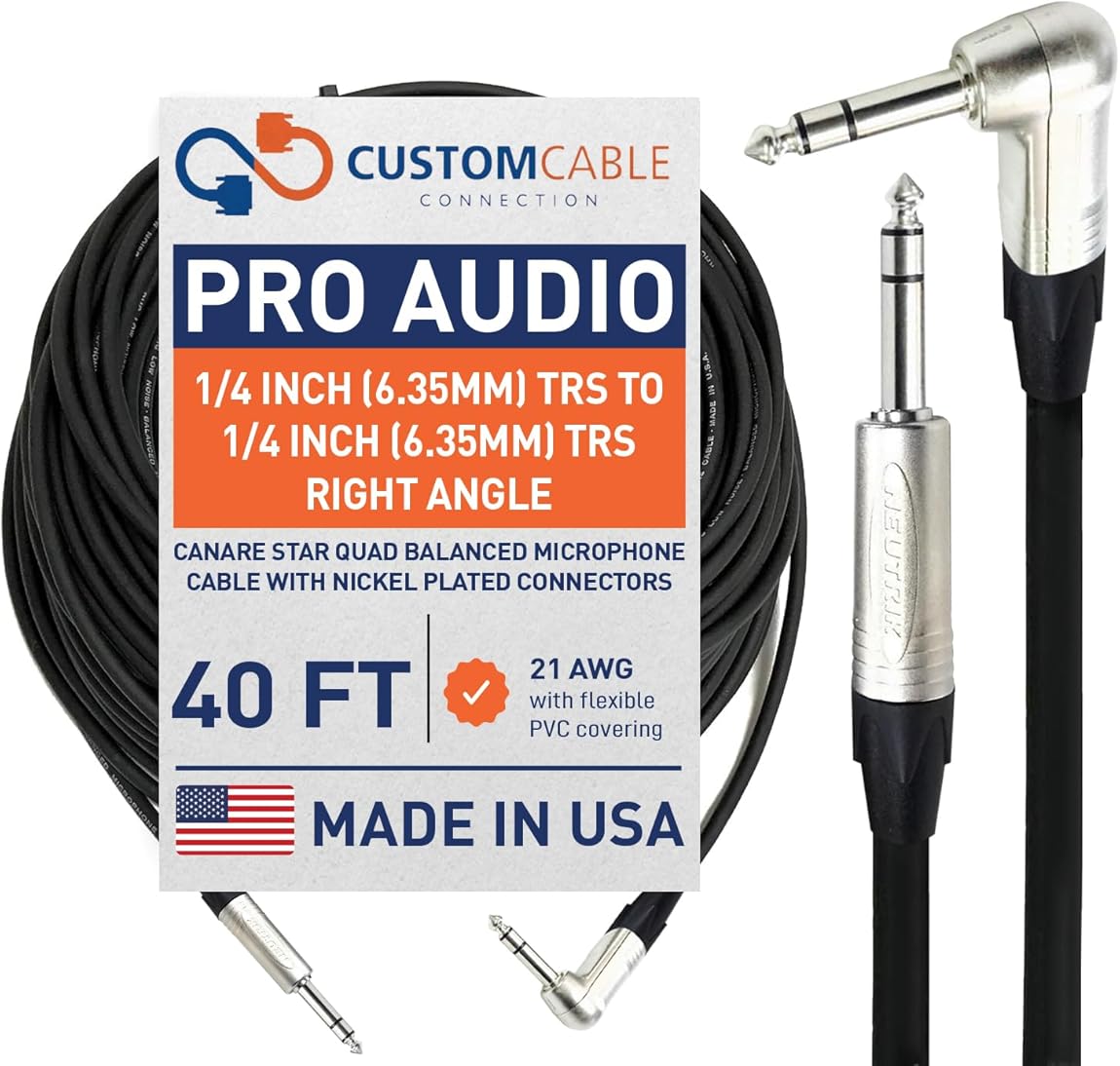 Custom Cable Connection 40 Foot 1/4 Inch (6.35mm) TRS to 1/4 Inch (6.35mm) TRS Right Angle - Canare Star Quad Balanced Microphone Cable