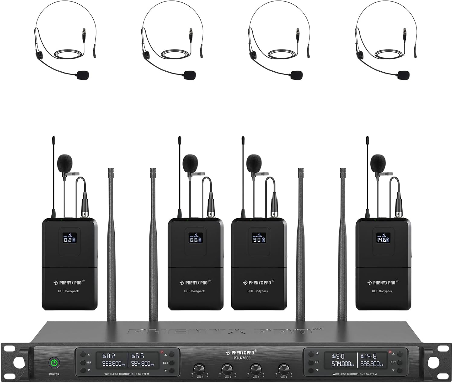 Phenyx Pro 4-Channel Wireless Microphone System, UHF Auto Scan Cordless Mic Set, 4 Bodypacks w/Headsets/Lapel Mics, 4x40 Frequencies, 328ft Coverage, Mic for Church, DJ, Meeting (PTU-7000-4B)