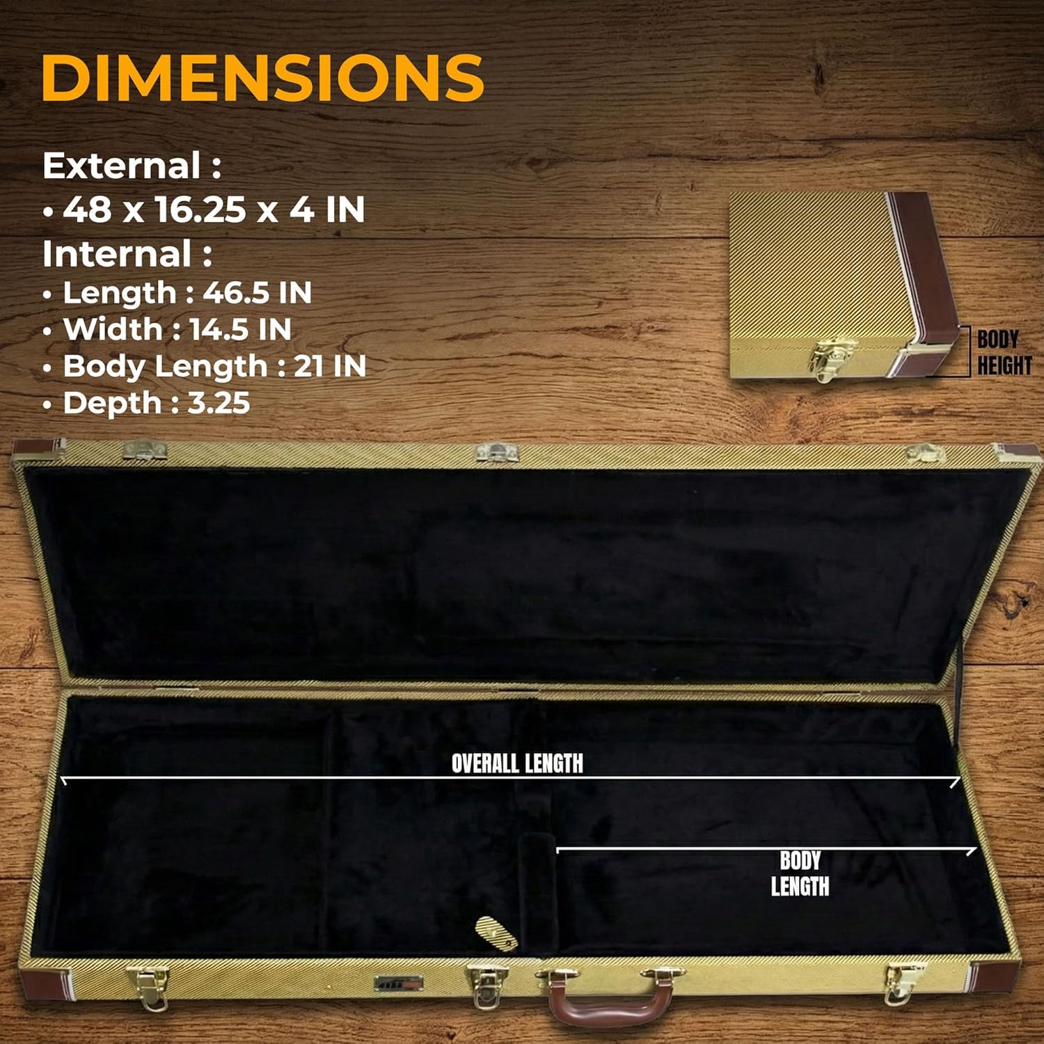 Gearlux Bass Guitar Hard Case, Fits Fender Precision/Jazz Bass and More with Exterior Lock and Key, Interior Accessory Compartment, and Plush Interior Padding - Tweed