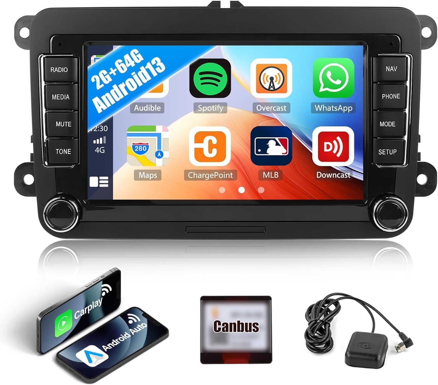 2G+64G Android 13 Car Stereo for VW Volkswagen Tiguan Jetta Beetle Passat EOS Golf with Wireless CarPlay Android Auto 7” Touch Screen Car Radio with GPS Navigation Bluetooth RDS FM WiFi