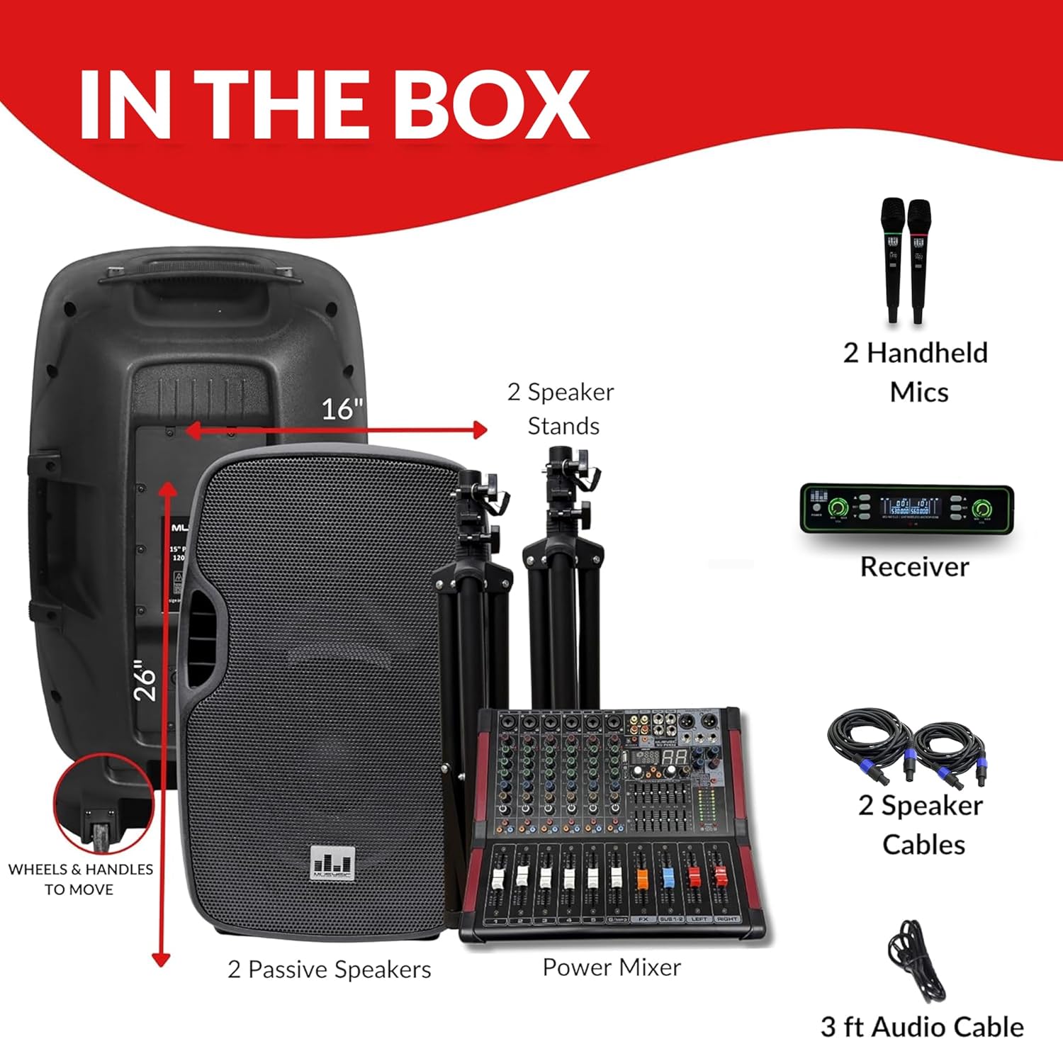 MUSYSIC Portable PA System with Wireless Microphone and Speakers – 6 Ch Audio Mixer with Built-in 2000W Amp & Wireless UHF Microphone System, Multiple Inputs, Complete w/Stands - 15