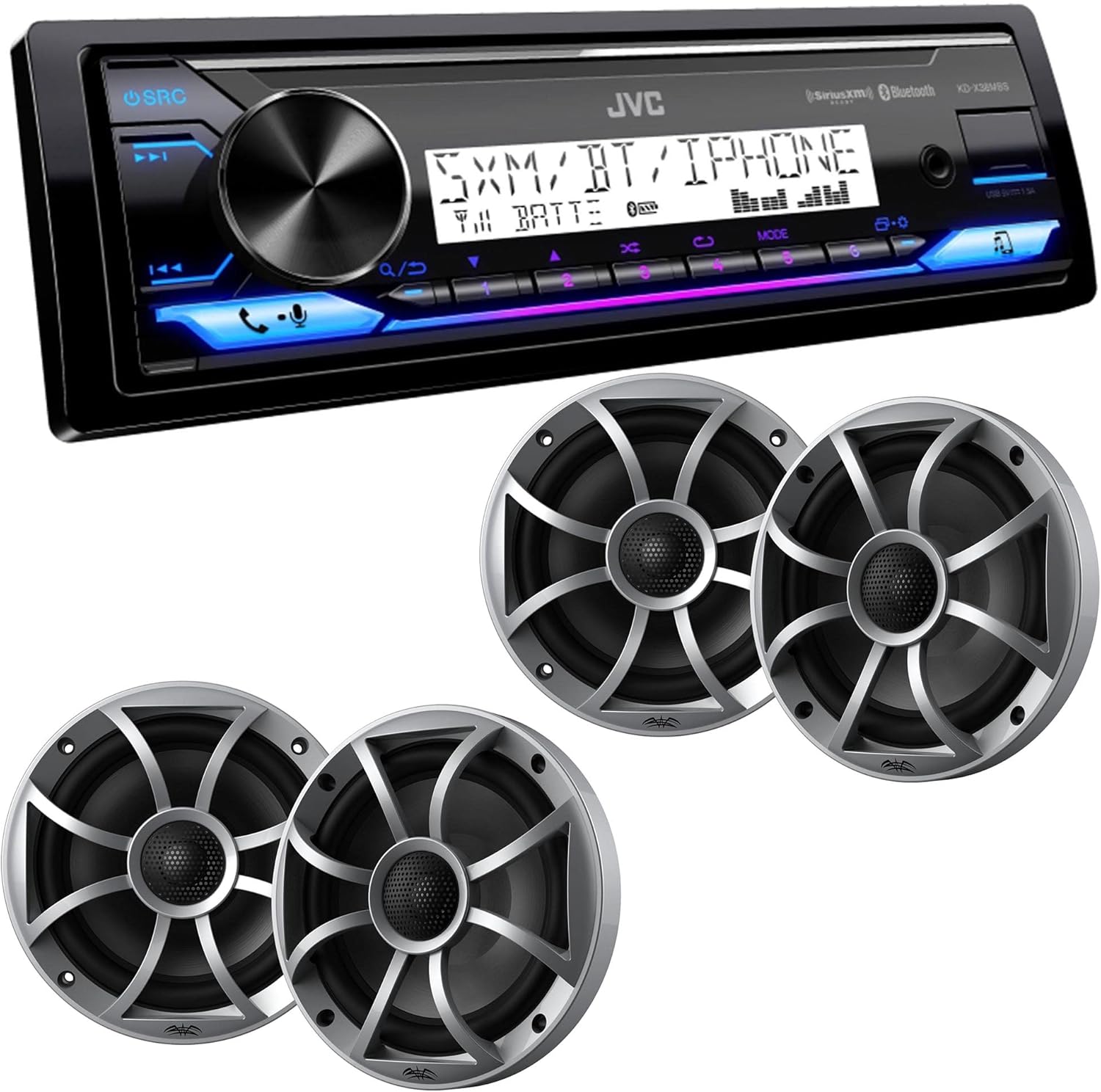 JVC KD-X38MBS Marine Digital Media Receiver with Bluetooth, USB, SiriusXM Ready, Conformal Coated PCB with 2 Pairs Wet Sounds RECON6-S 6.5