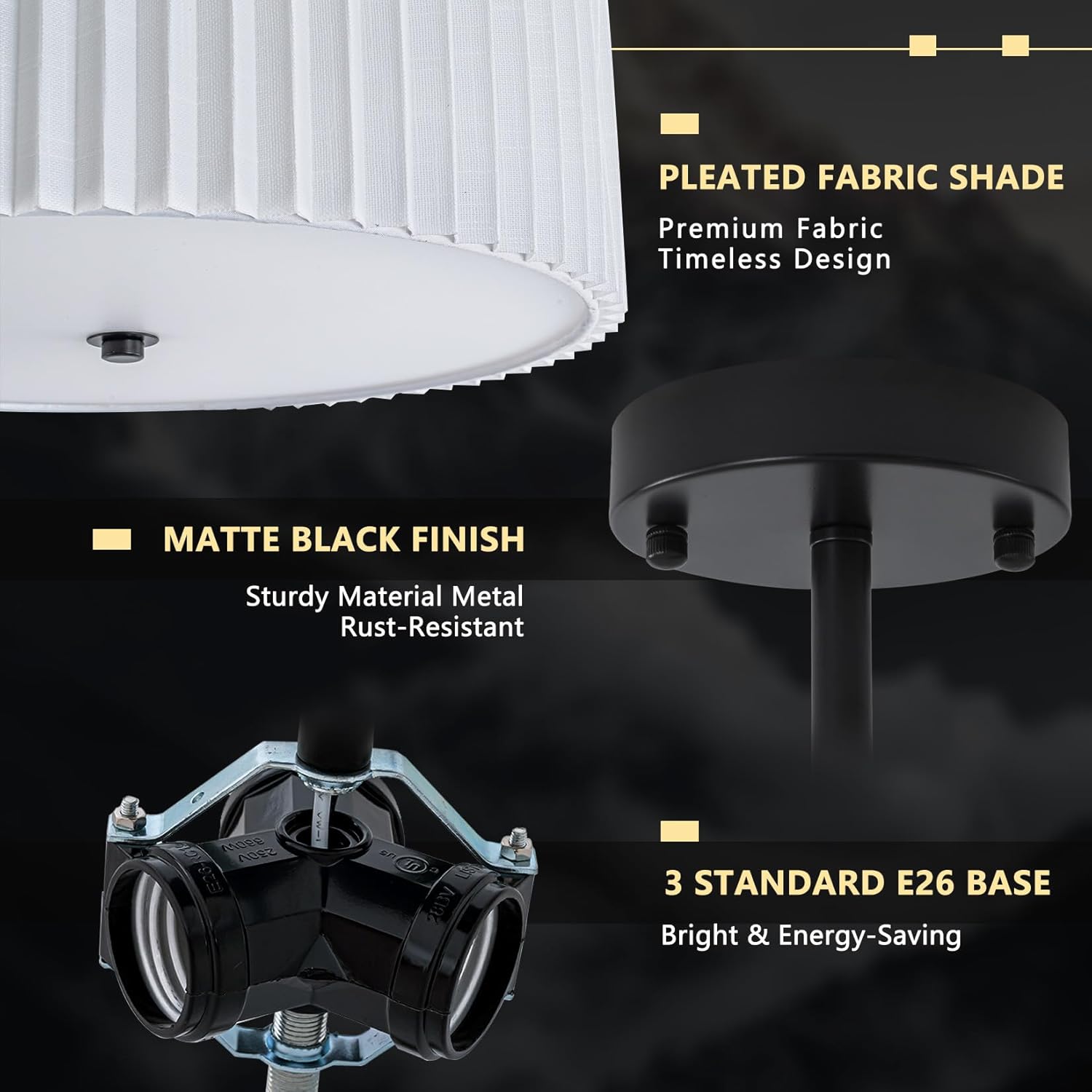 Bargeni 16.5 Inch Semi Flush Mount Ceiling Light,3 Light Modern Black Ceiling Light Fixture with Pleated Fabric Shade,Flush Mount Light Fixture for Bedroom,Living Room,Hallway,Dining Room