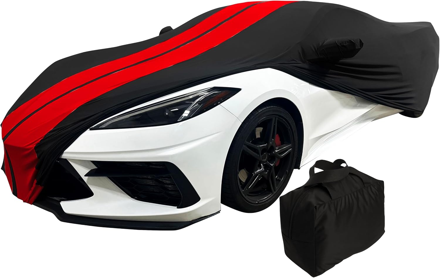 SR1 USA C8 Corvette Custom Fit Car Cover - Indoor Ultraguard Stretch Satin High End Dust Proof for 2020-2026 Stingray, Z06, Z51, E-Ray Corvettes (Black with Red Stripes)