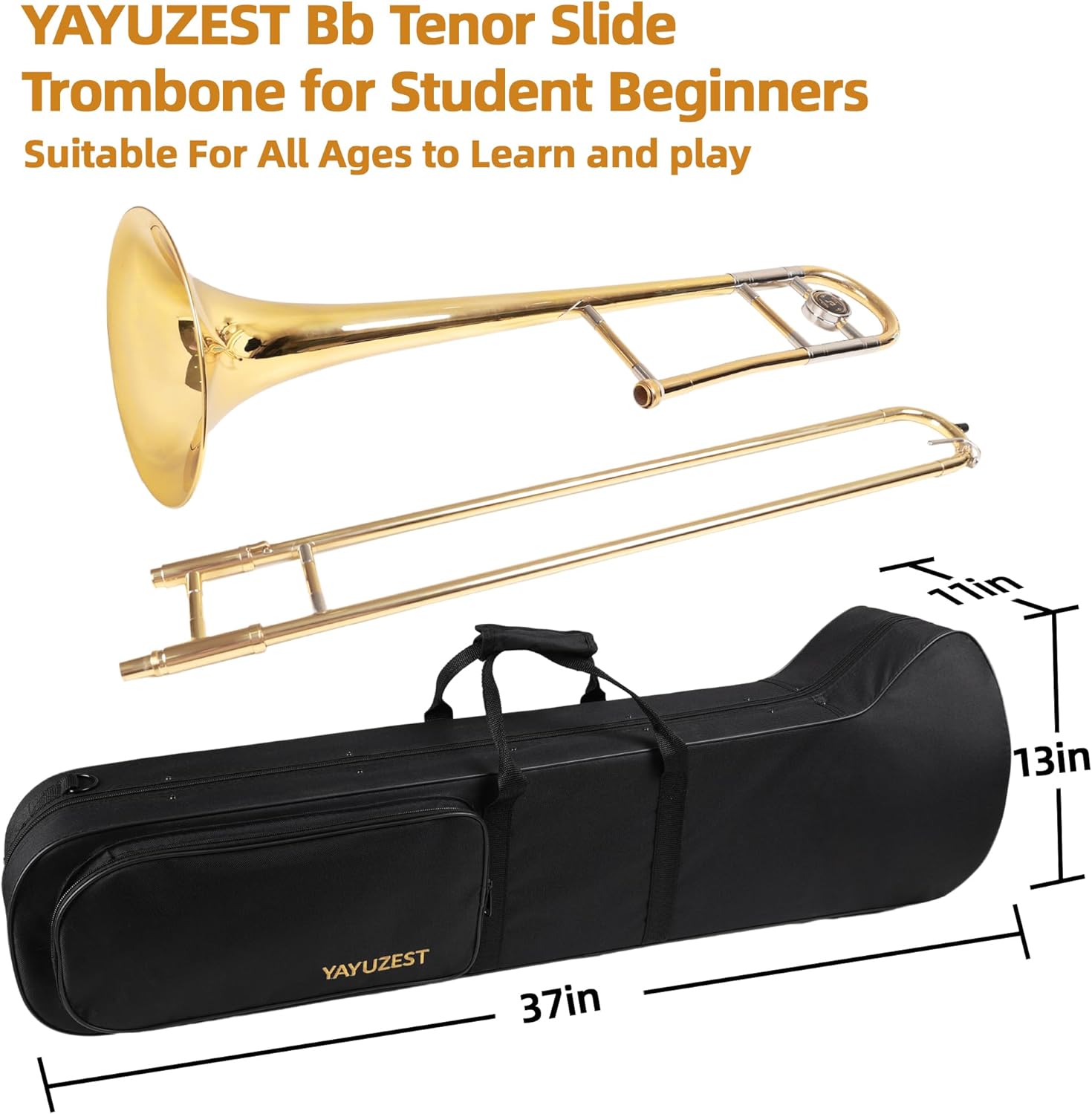 Bb Tenor Slide Trombone for Students Beginners, B Flat Brass Plated Trombone Instrument with Hard Case Mouthpiece White Gloves and Cleaning Kit (Gold)